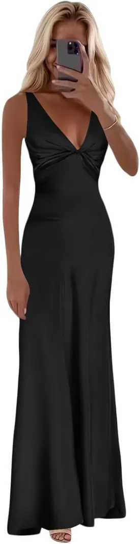 Cudiew Satin Bridesmaid Dresses Corset V Neck Prom Dresses Teens Back Self Tie Formal Evening Party Gown for Women
