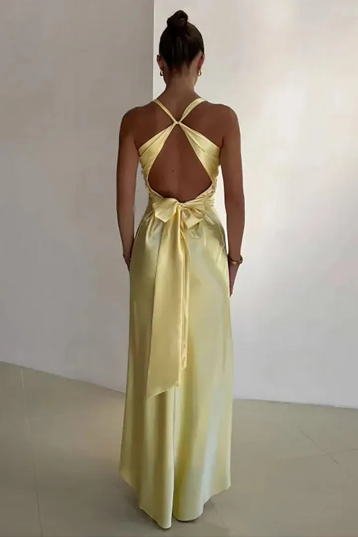 Cudiew Satin Bridesmaid Dresses Corset V Neck Prom Dresses Teens Back Self Tie Formal Evening Party Gown for Women