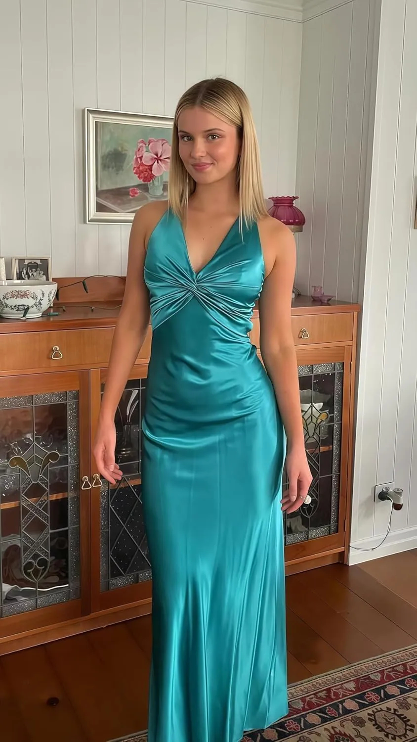Cudiew Satin Bridesmaid Dresses Corset V Neck Prom Dresses Teens Back Self Tie Formal Evening Party Gown for Women