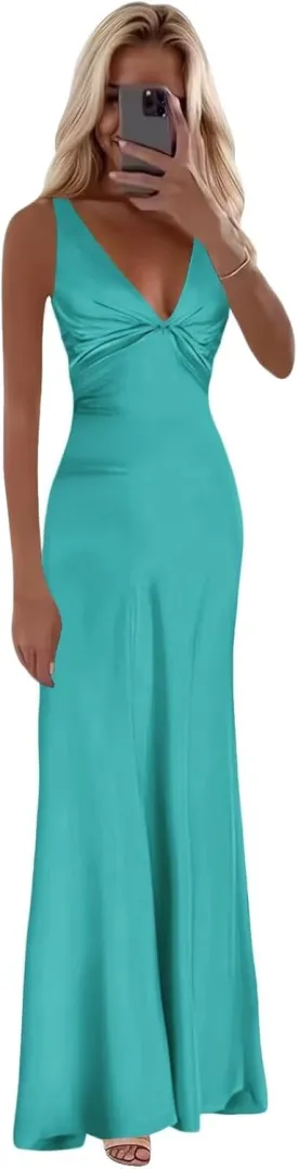 Cudiew Satin Bridesmaid Dresses Corset V Neck Prom Dresses Teens Back Self Tie Formal Evening Party Gown for Women