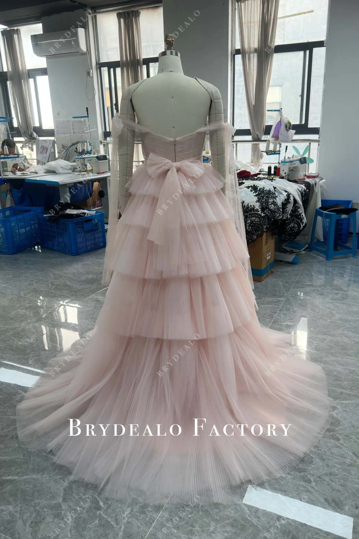 Custom Blush Off Shoulder Sweetheart Neck Slit Wedding Dress