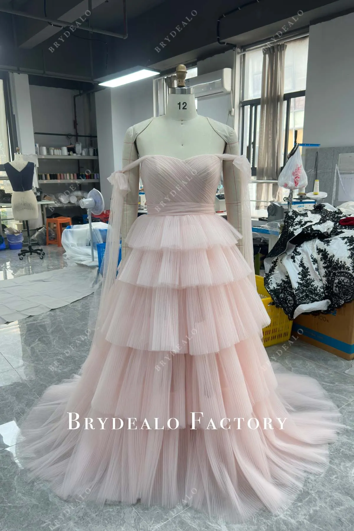 Custom Blush Off Shoulder Sweetheart Neck Slit Wedding Dress