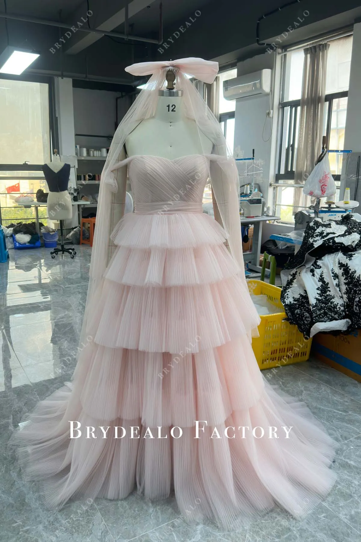 Custom Blush Off Shoulder Sweetheart Neck Slit Wedding Dress