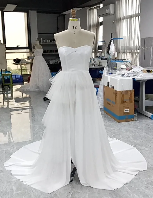 Custom Blush Off Shoulder Sweetheart Neck Slit Wedding Dress