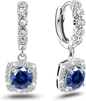 Dangle Hoop Earrings Sterling Silver Huggie Earrings with Princess Cut Blue Square Halo CZ Charm Dangling Drop Cartilage Cuff Earring Hypoallergenic Jewelry For Women Wife Party Birthday Wedding Gifts