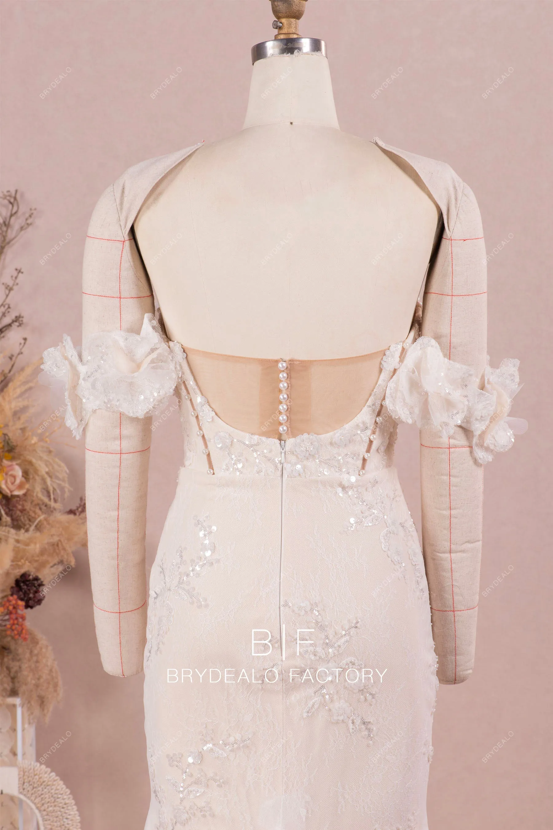 Designer Champagne Flowers Off Shoulder Mermaid Wedding Dress