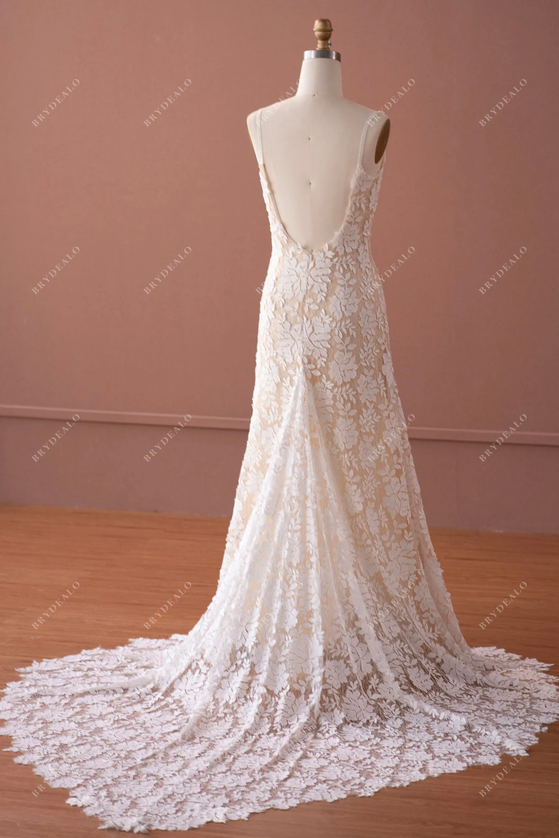 Designer Champagne Lace Scoop Neck Boho Wedding Dress