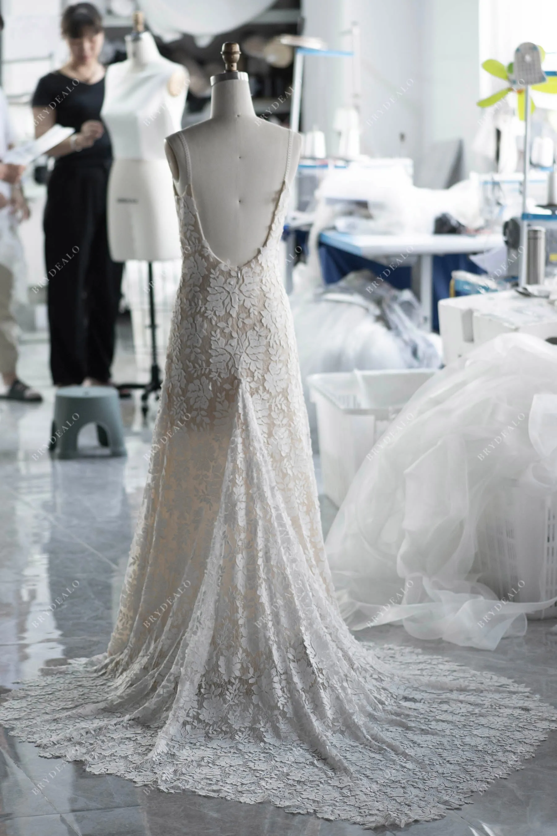 Designer Champagne Lace Scoop Neck Boho Wedding Dress