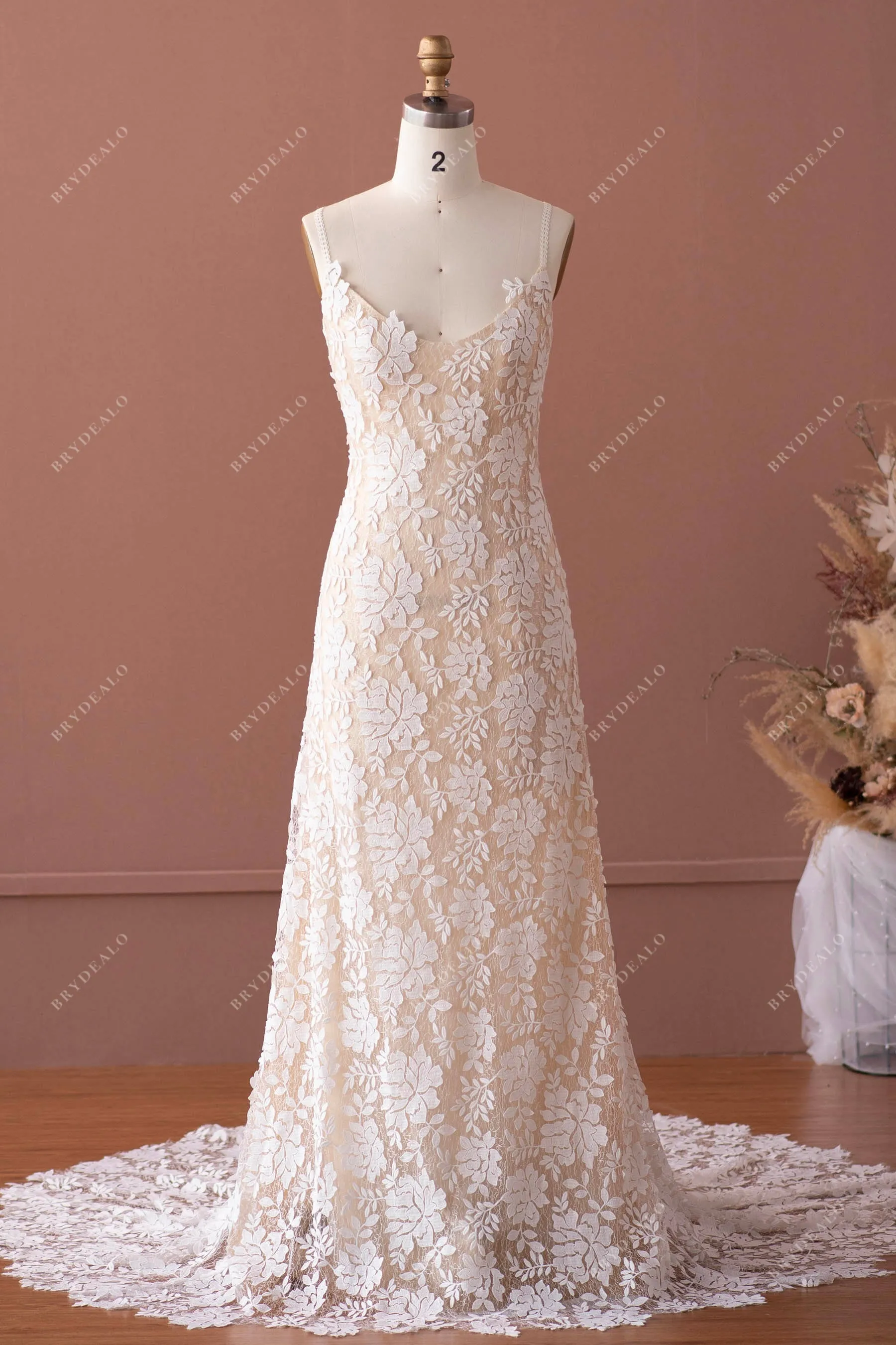 Designer Champagne Lace Scoop Neck Boho Wedding Dress