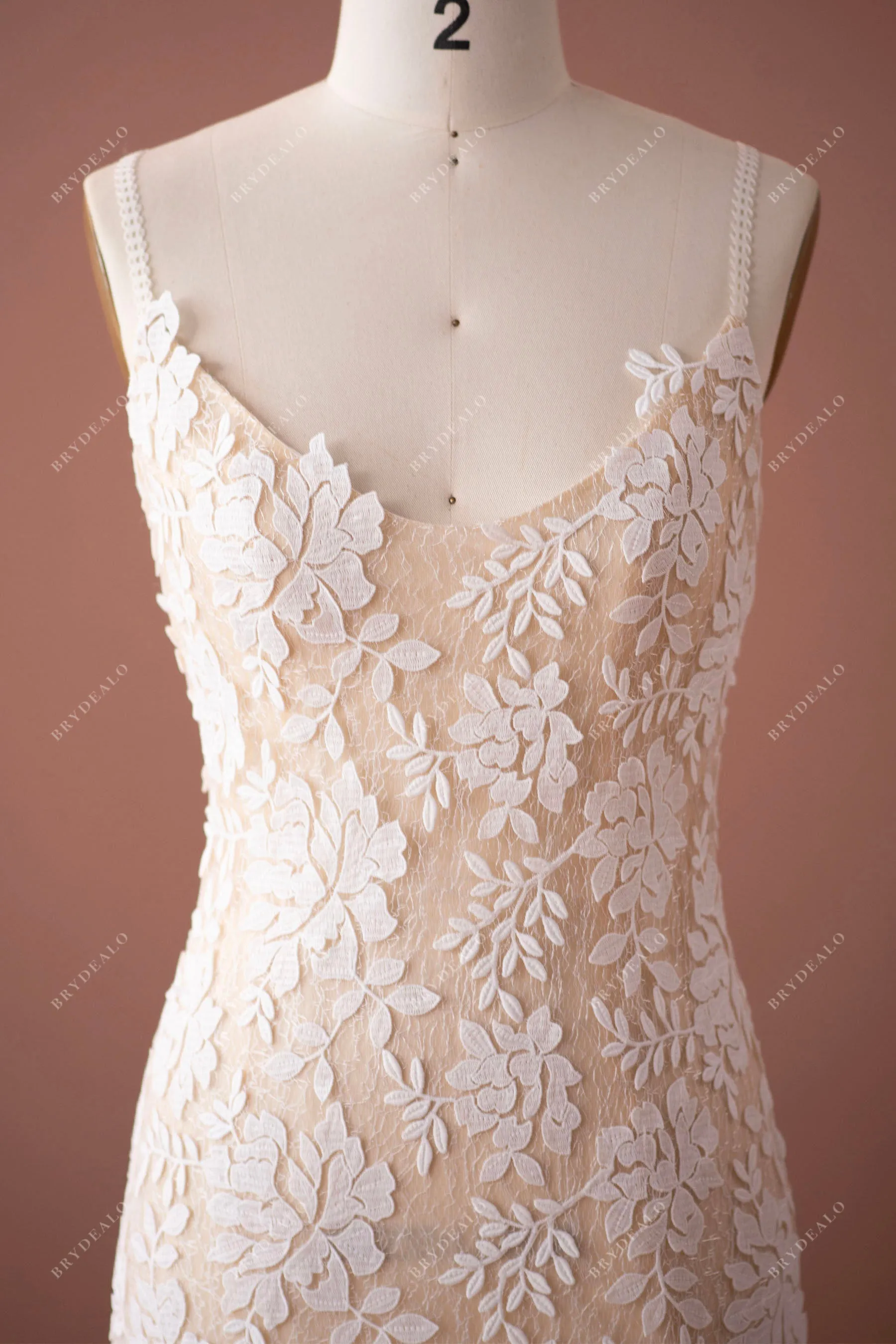 Designer Champagne Lace Scoop Neck Boho Wedding Dress