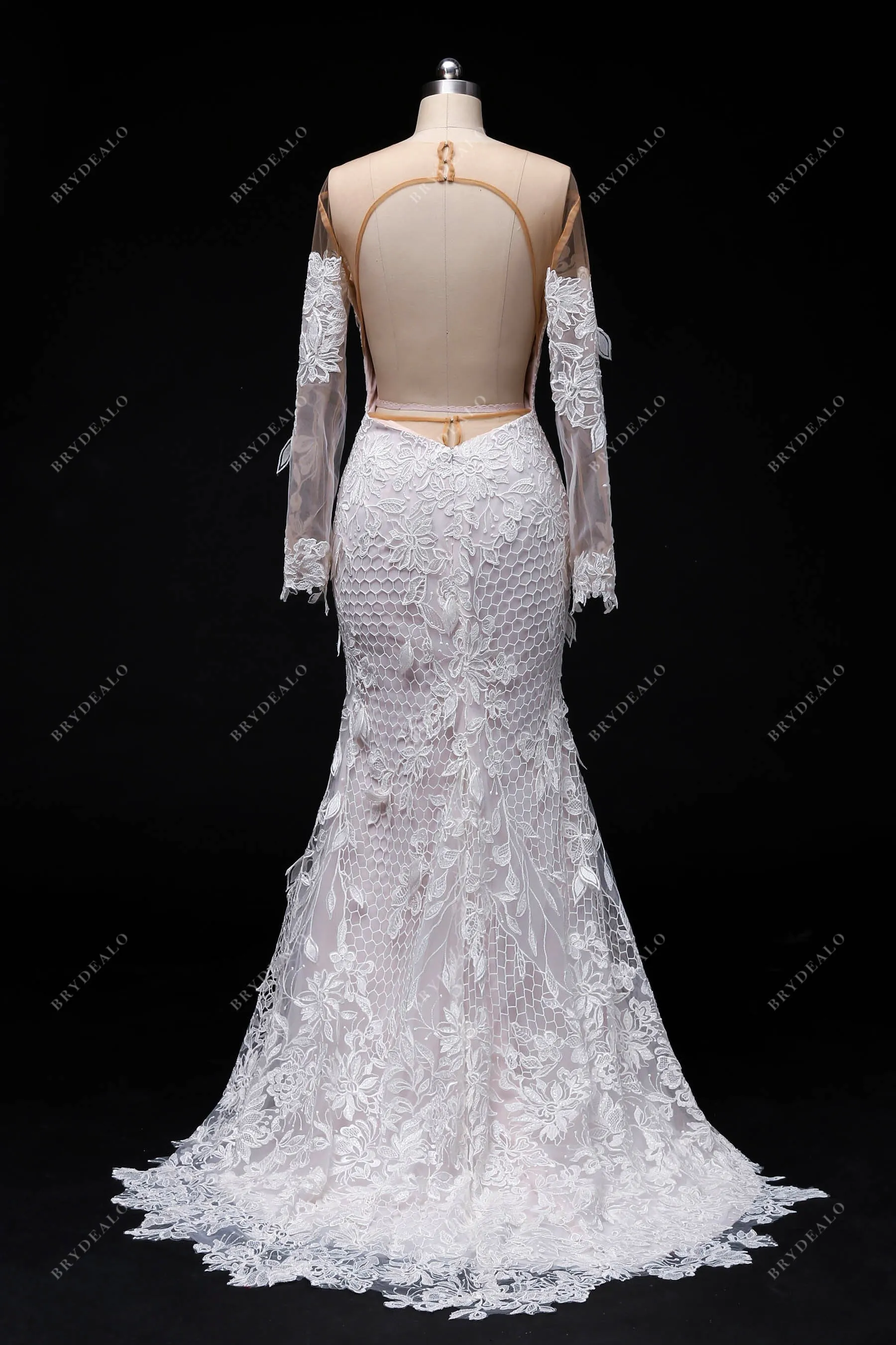 Designer Lace Illusion Off-shoulder Sleeved Nude Pink Mermaid Wedding Dress
