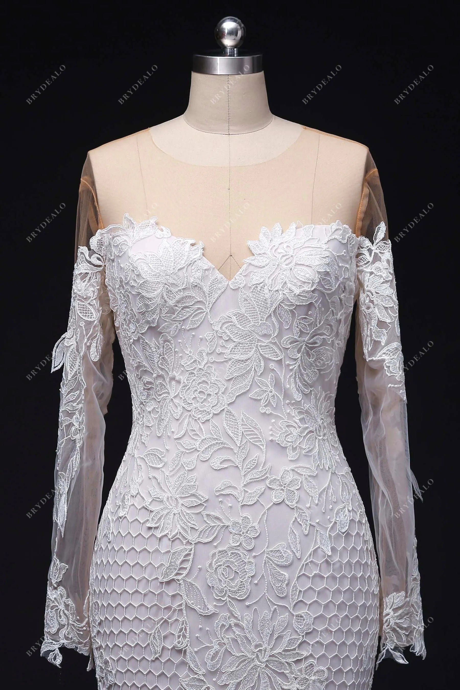 Designer Lace Illusion Off-shoulder Sleeved Nude Pink Mermaid Wedding Dress