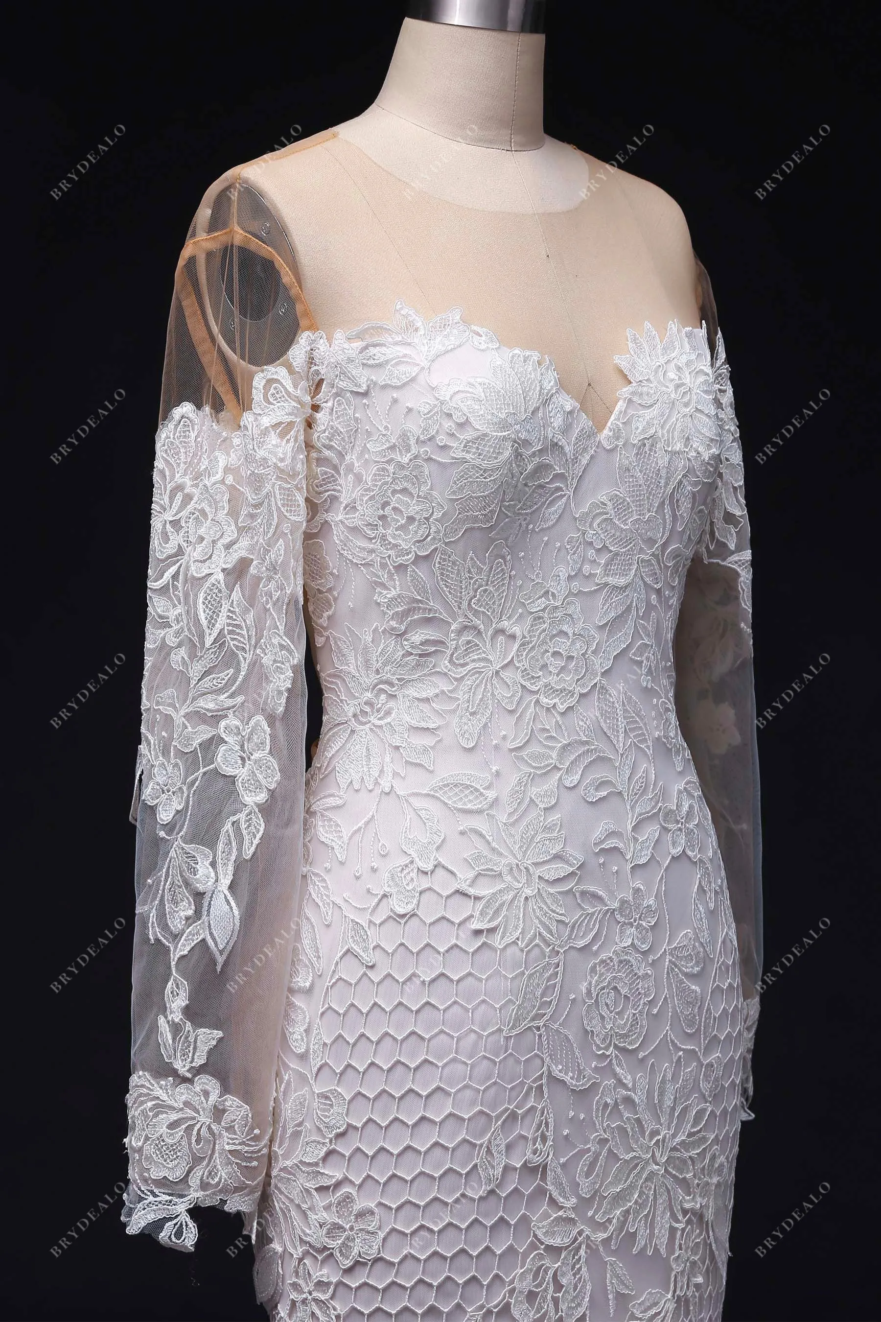 Designer Lace Illusion Off-shoulder Sleeved Nude Pink Mermaid Wedding Dress