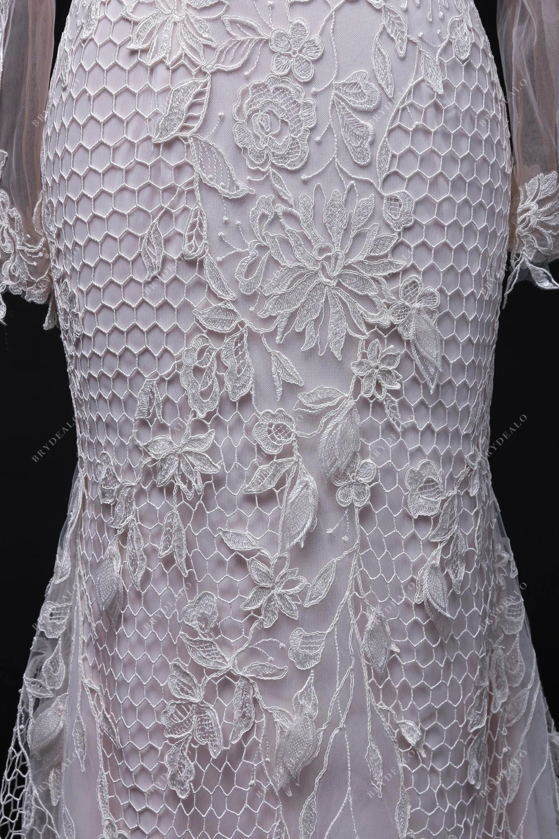 Designer Lace Illusion Off-shoulder Sleeved Nude Pink Mermaid Wedding Dress