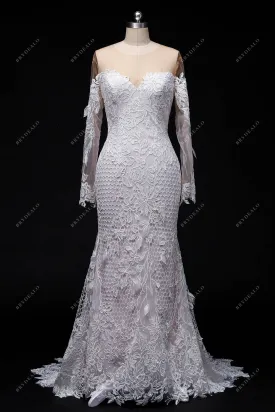 Designer Lace Illusion Off-shoulder Sleeved Nude Pink Mermaid Wedding Dress