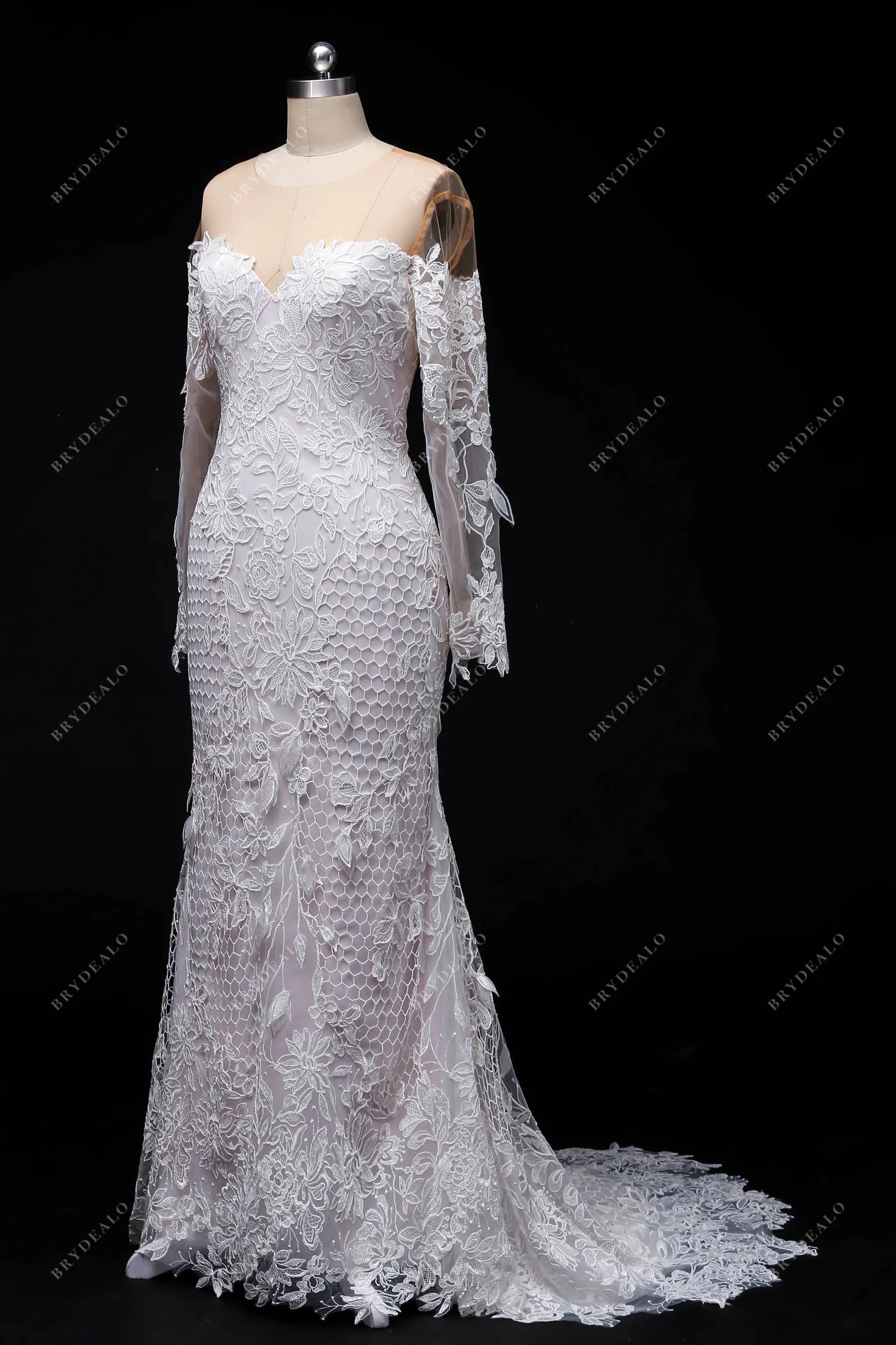 Designer Lace Illusion Off-shoulder Sleeved Nude Pink Mermaid Wedding Dress