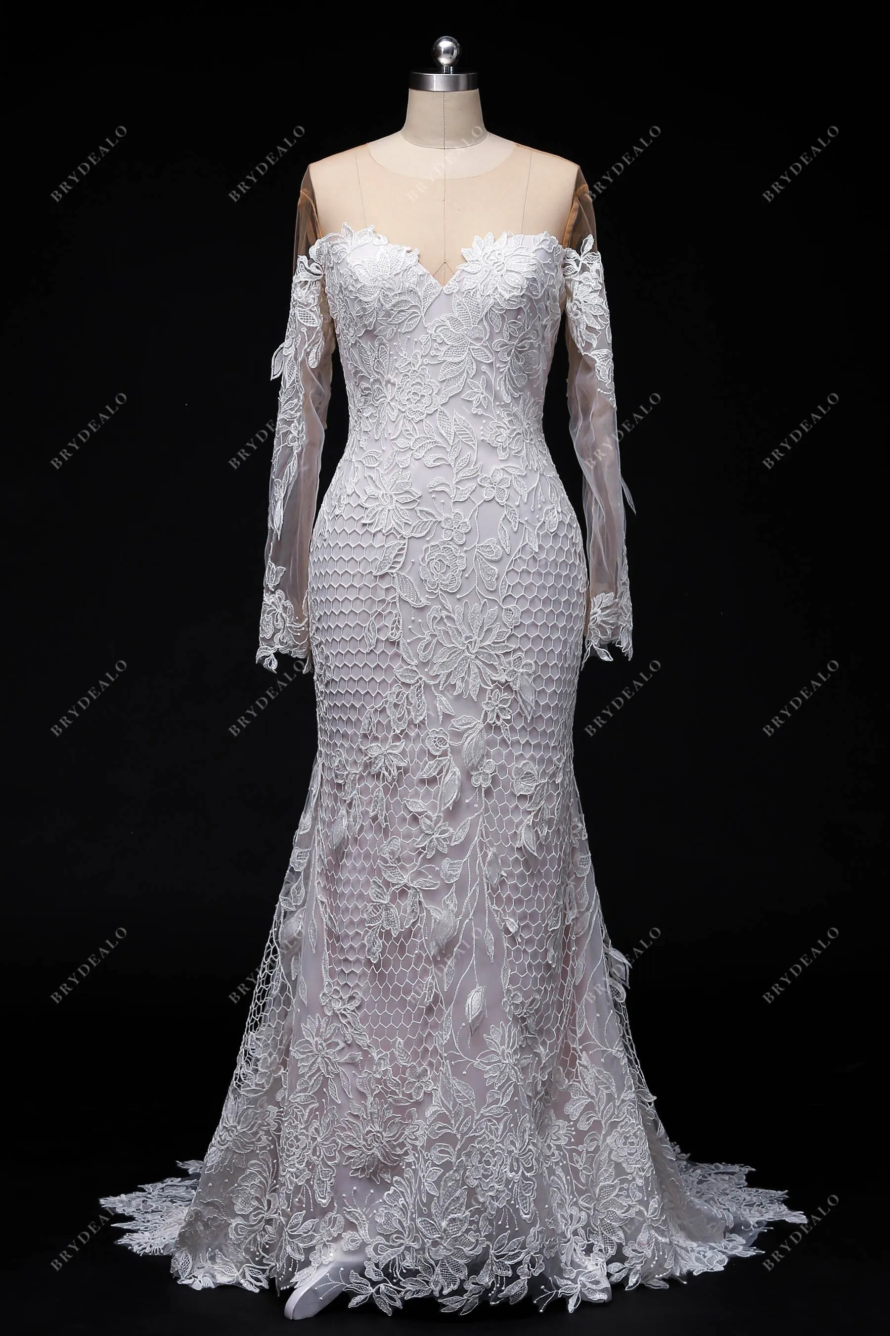 Designer Lace Illusion Off-shoulder Sleeved Nude Pink Mermaid Wedding Dress