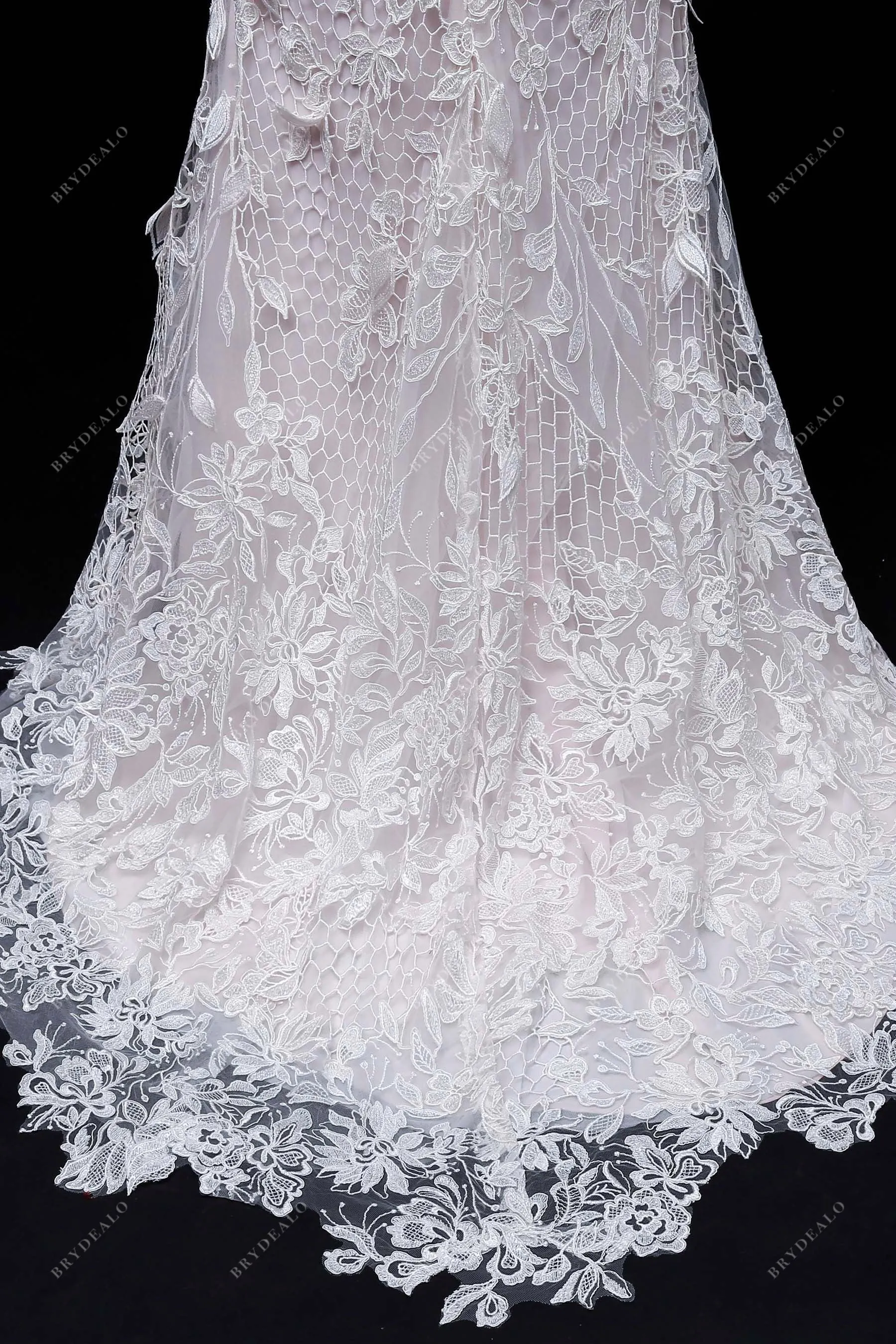 Designer Lace Illusion Off-shoulder Sleeved Nude Pink Mermaid Wedding Dress