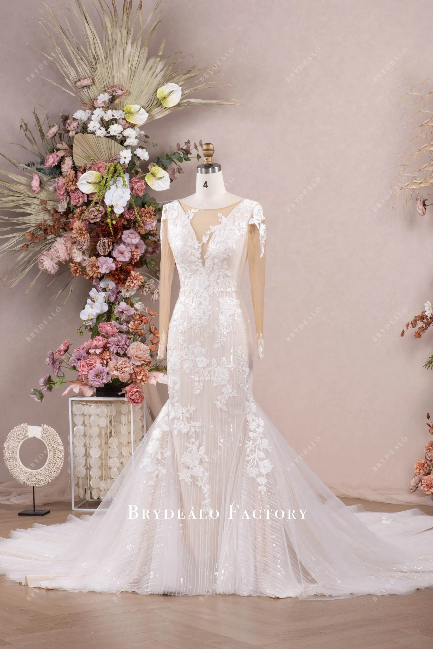 Designer Lace Long Sleeve Mermaid Sparkly Modern Wedding Dress