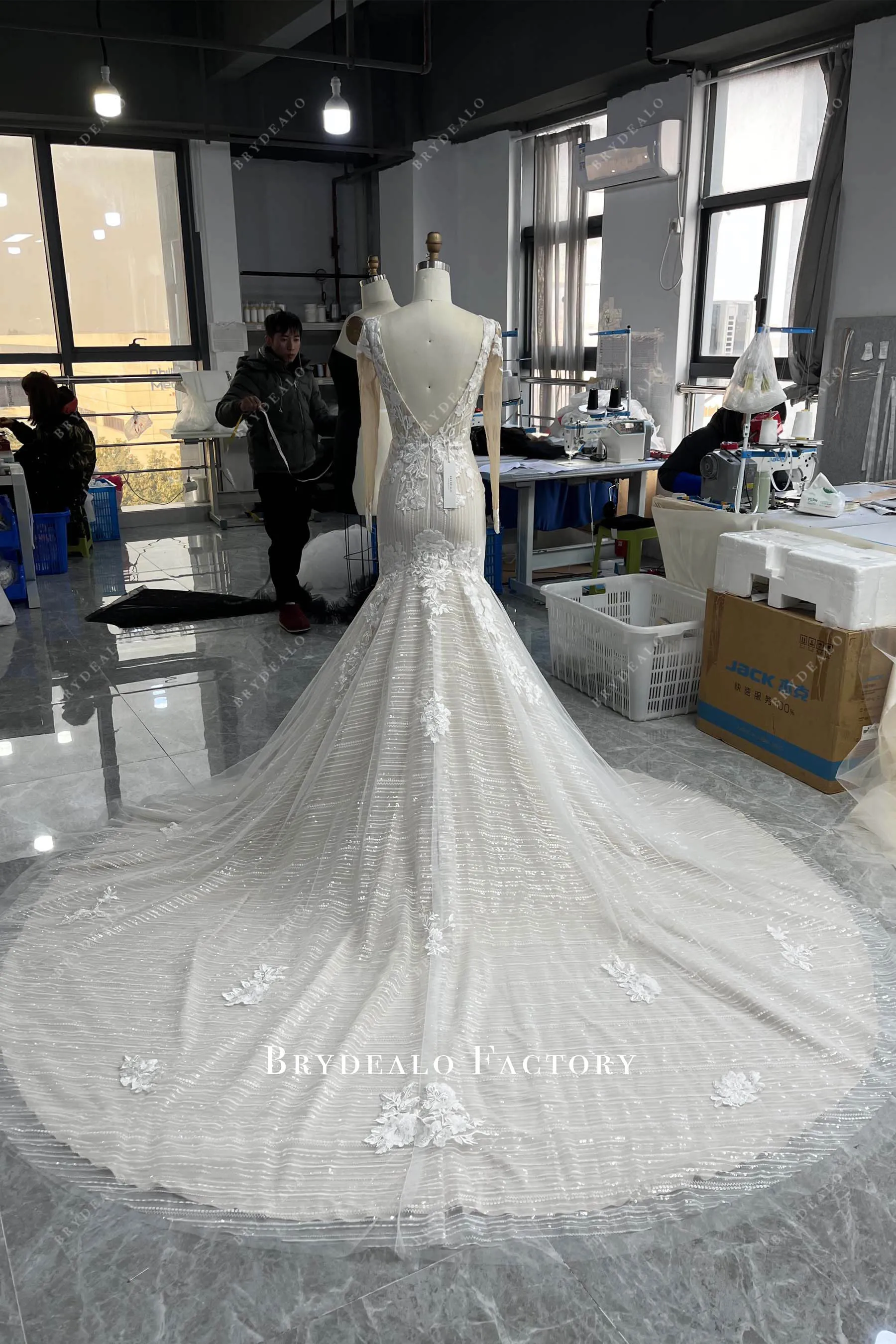 Designer Lace Long Sleeve Mermaid Sparkly Modern Wedding Dress