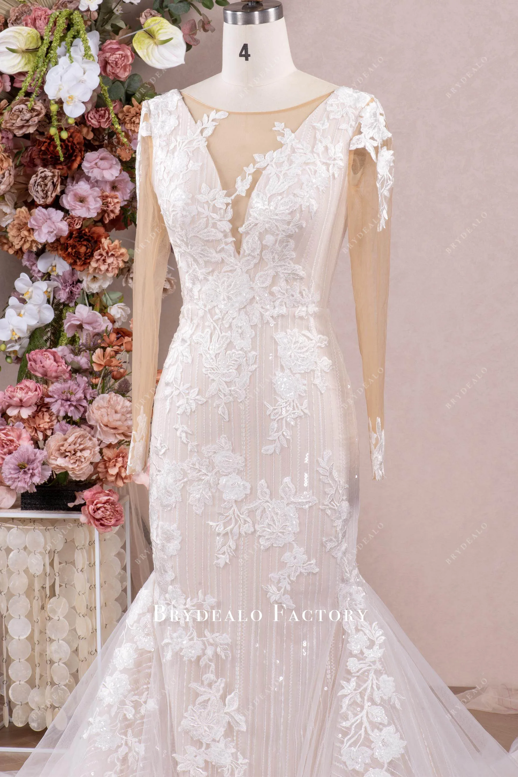 Designer Lace Long Sleeve Mermaid Sparkly Modern Wedding Dress
