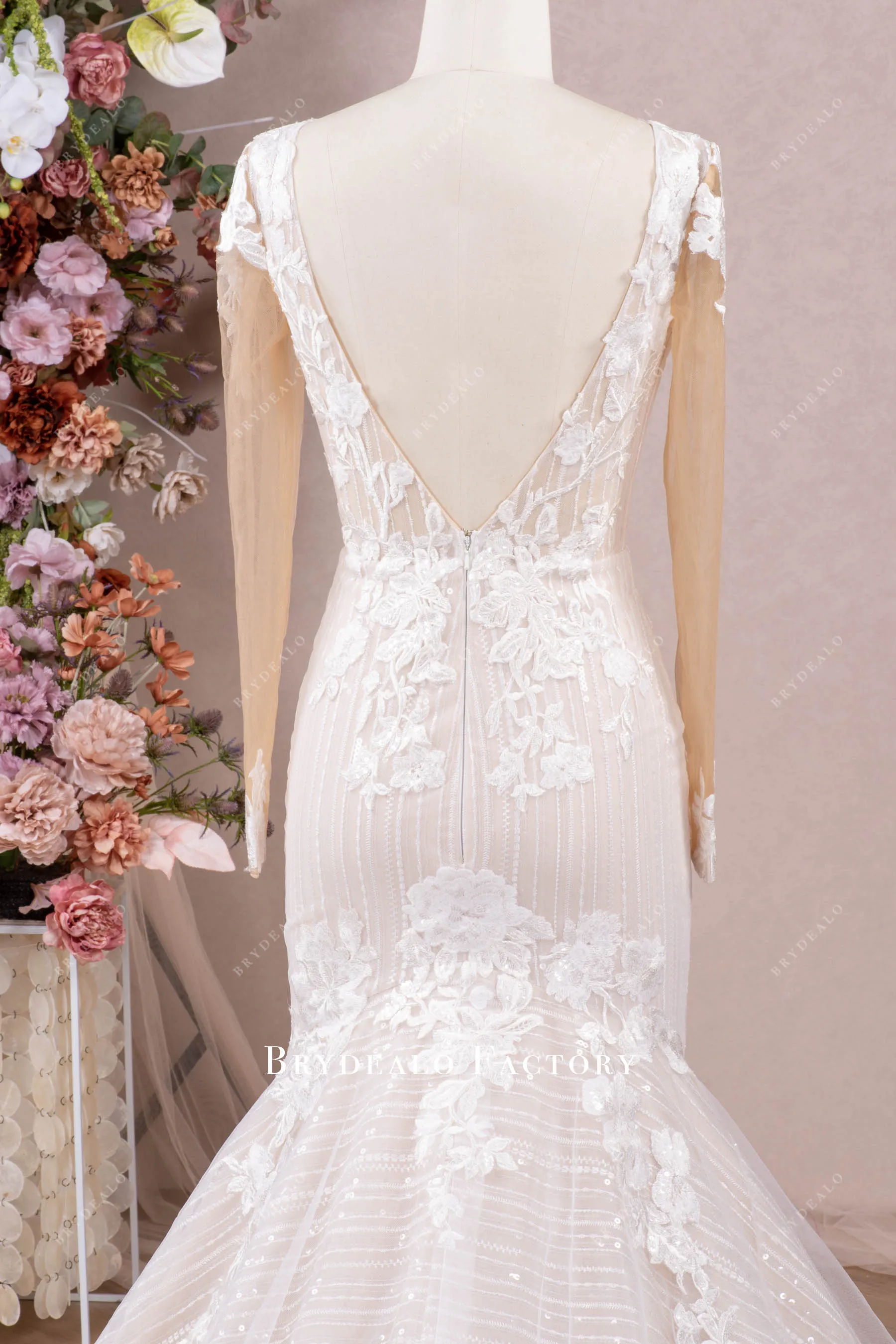 Designer Lace Long Sleeve Mermaid Sparkly Modern Wedding Dress