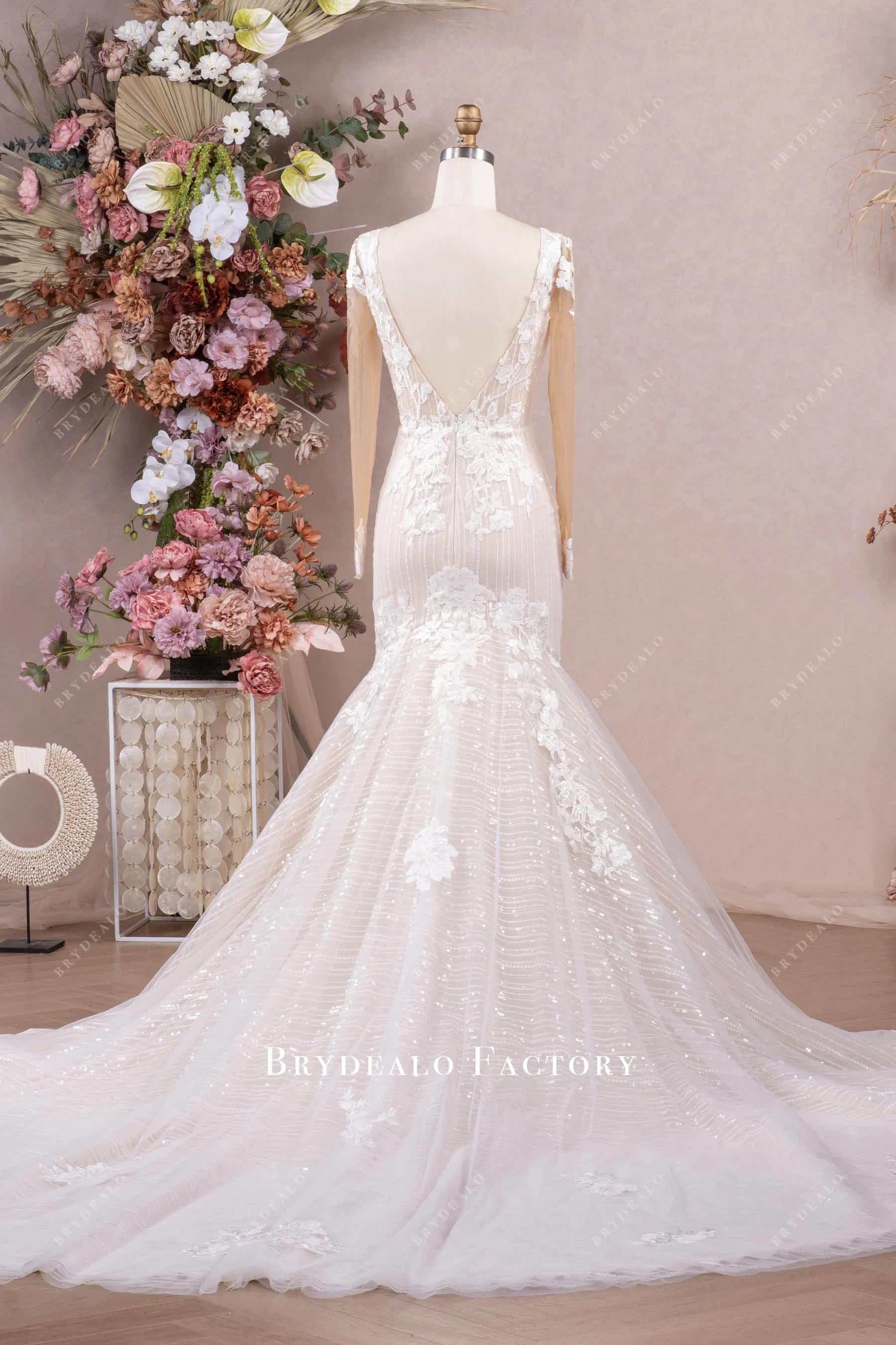 Designer Lace Long Sleeve Mermaid Sparkly Modern Wedding Dress