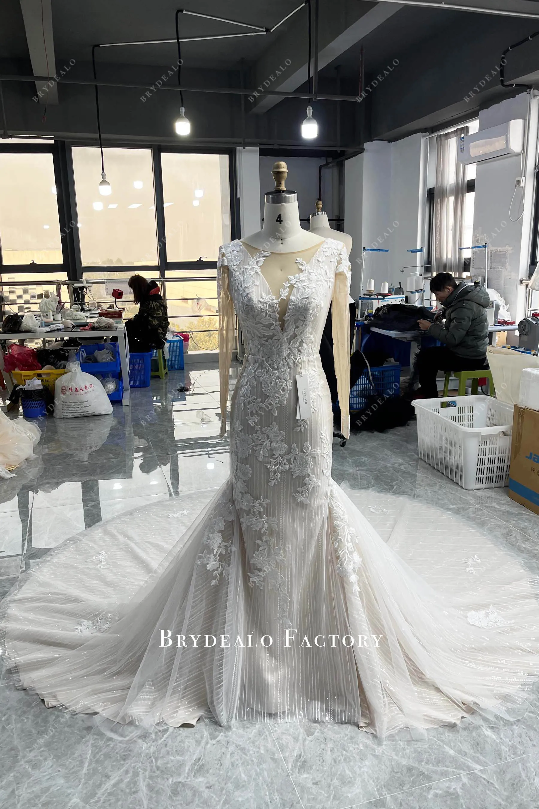 Designer Lace Long Sleeve Mermaid Sparkly Modern Wedding Dress