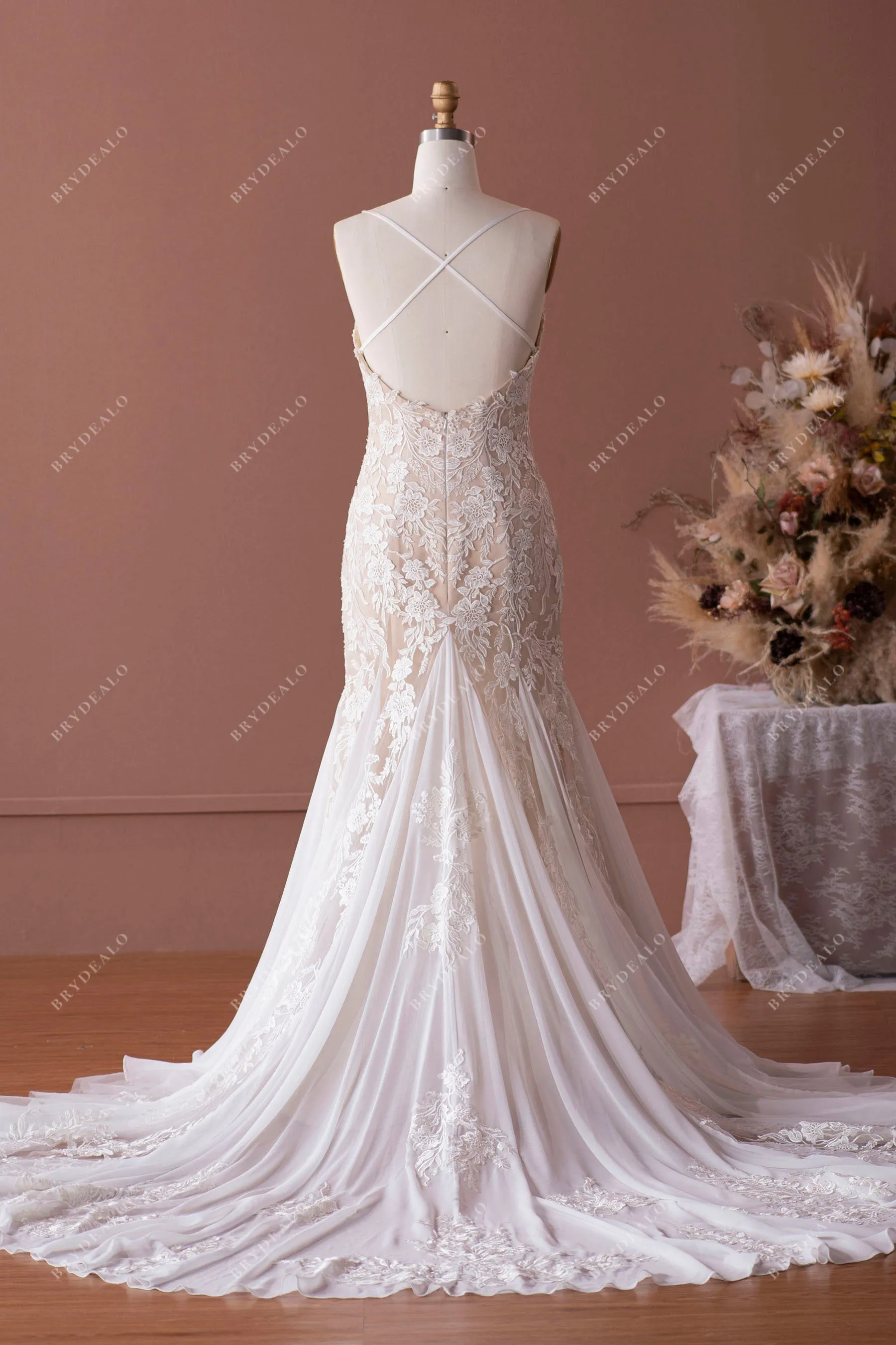 Designer Lace Straps Champagne Destination Mermaid Wedding Dress