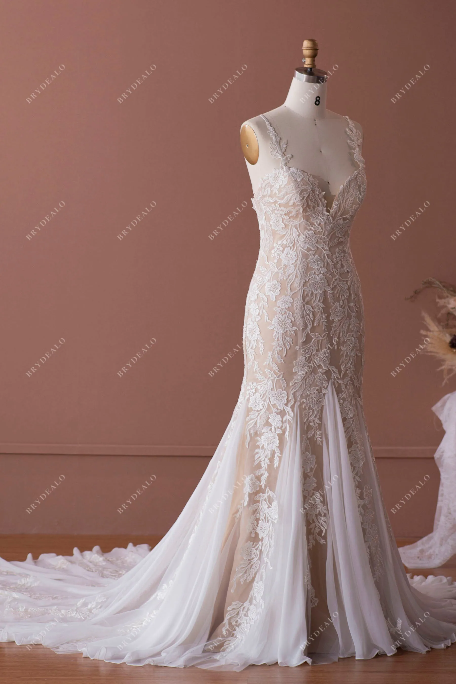 Designer Lace Straps Champagne Destination Mermaid Wedding Dress