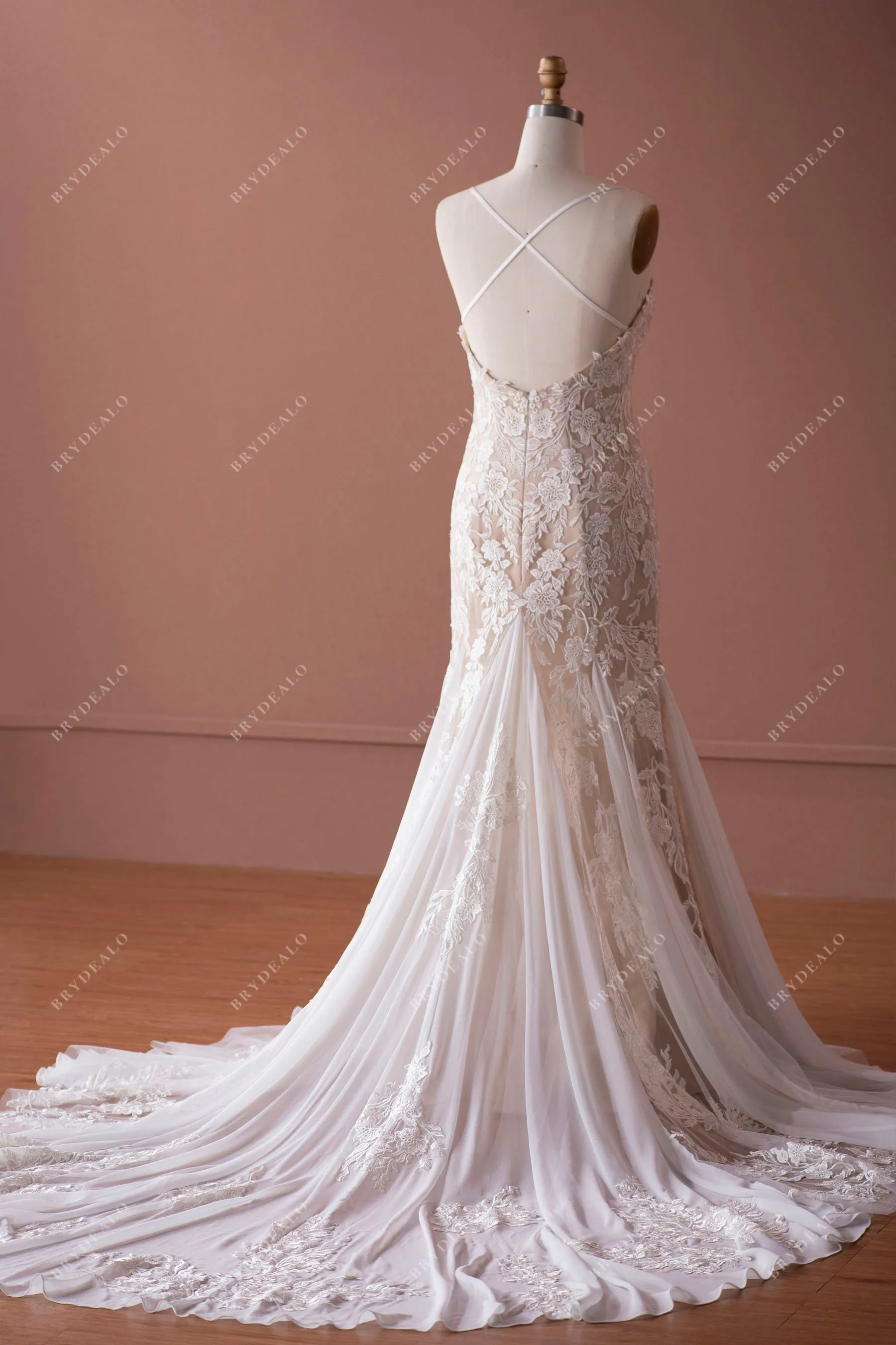 Designer Lace Straps Champagne Destination Mermaid Wedding Dress