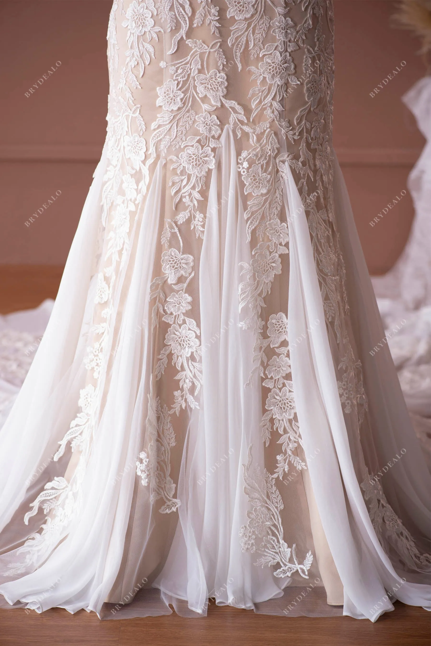 Designer Lace Straps Champagne Destination Mermaid Wedding Dress