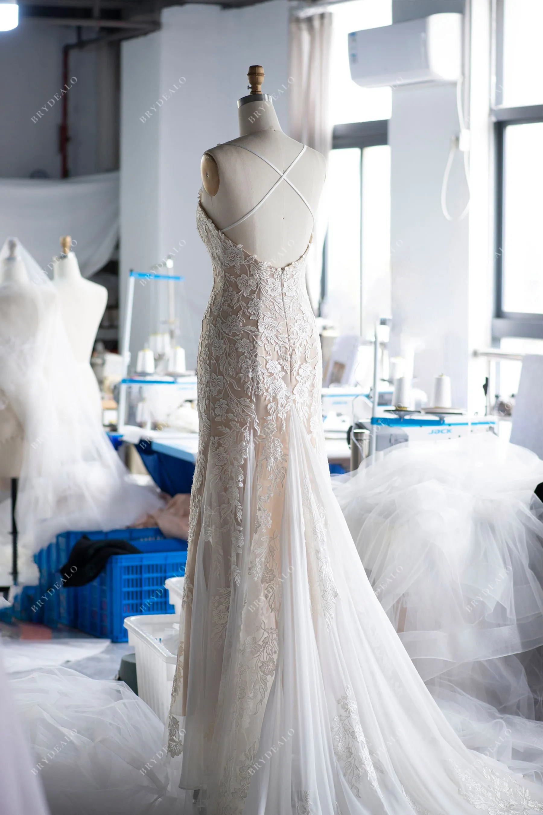 Designer Lace Straps Champagne Destination Mermaid Wedding Dress