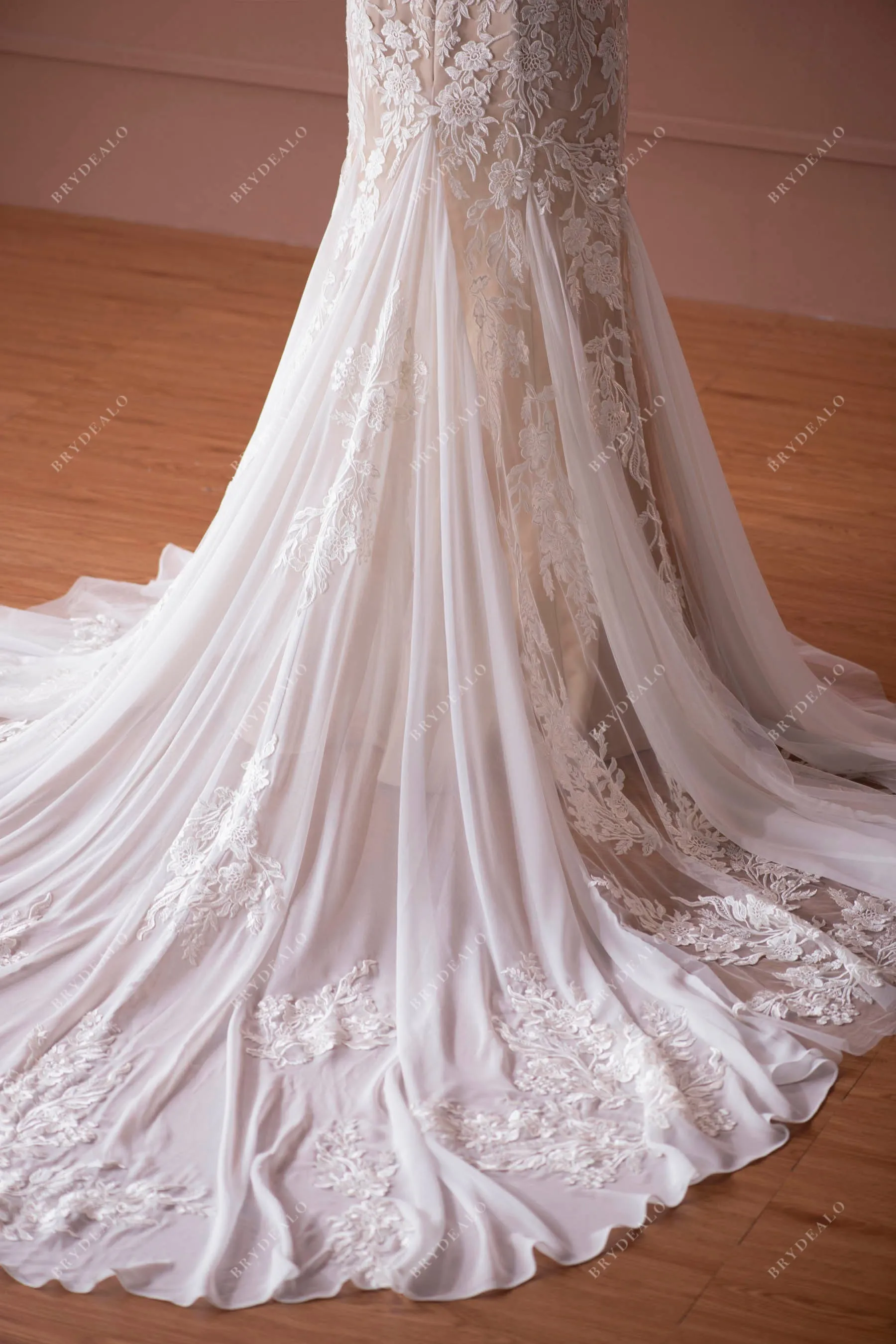 Designer Lace Straps Champagne Destination Mermaid Wedding Dress
