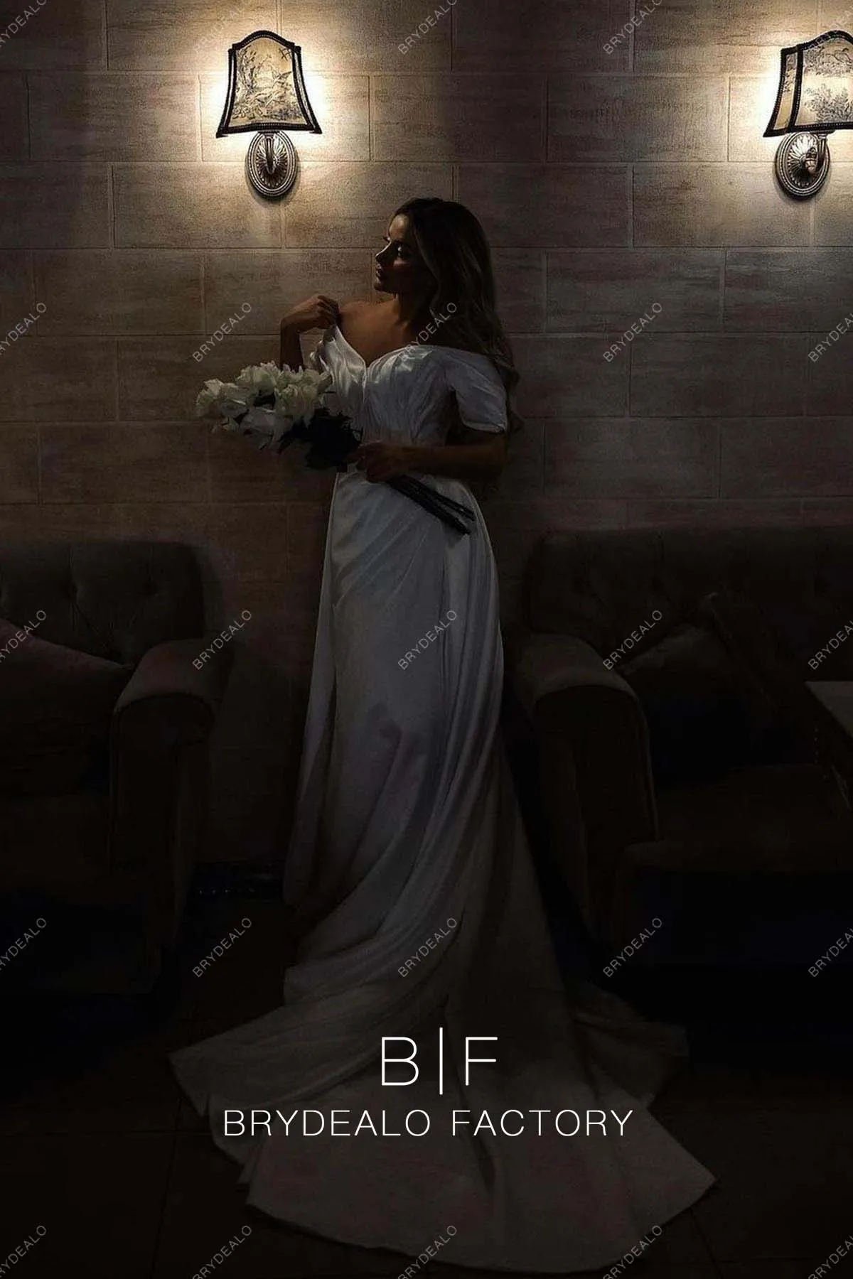 Designer Off-shoulder Satin Slit Rustic Wedding Dress with Overskirt