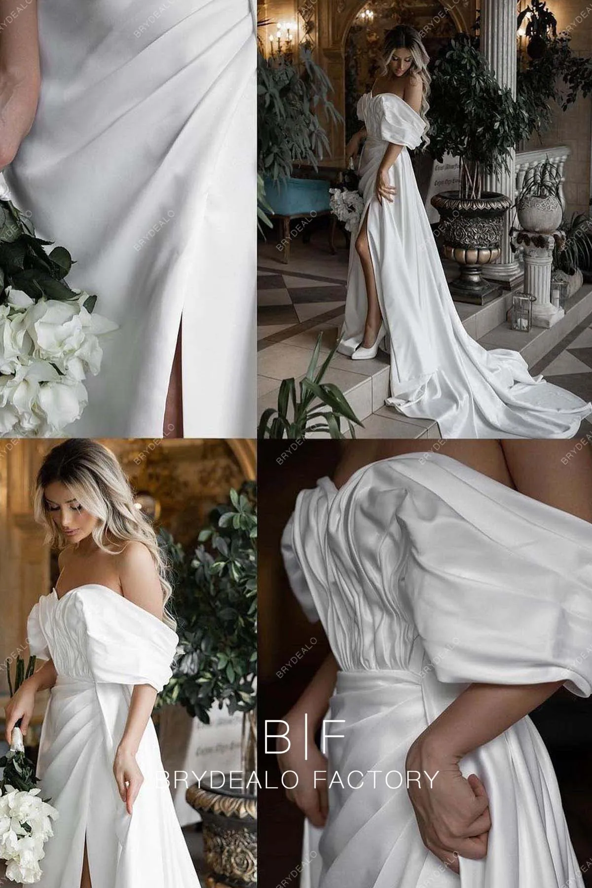 Designer Off-shoulder Satin Slit Rustic Wedding Dress with Overskirt