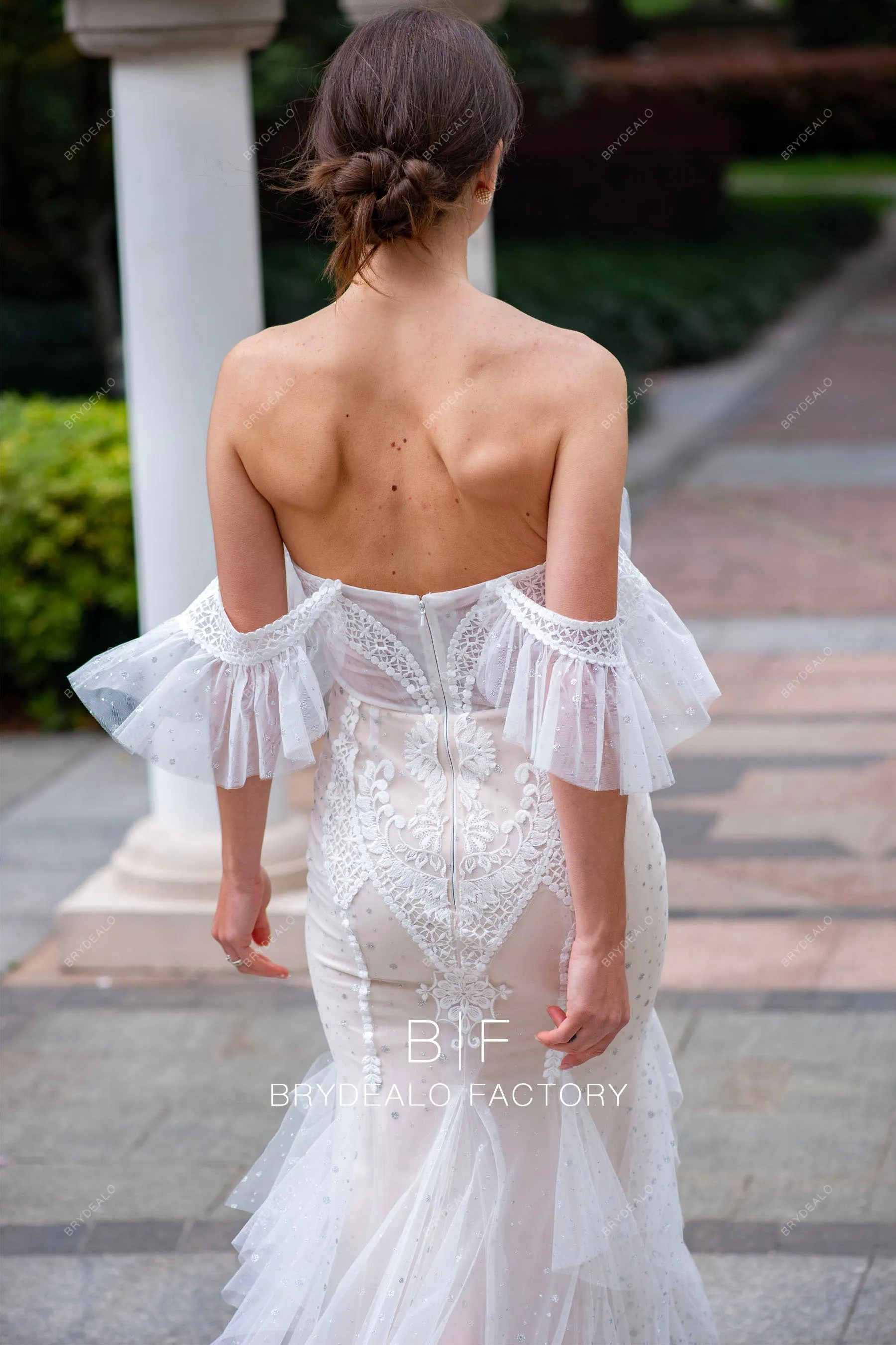 Designer Ruffled Off Shoulder Lace Mermaid Nude Destination Wedding Dress