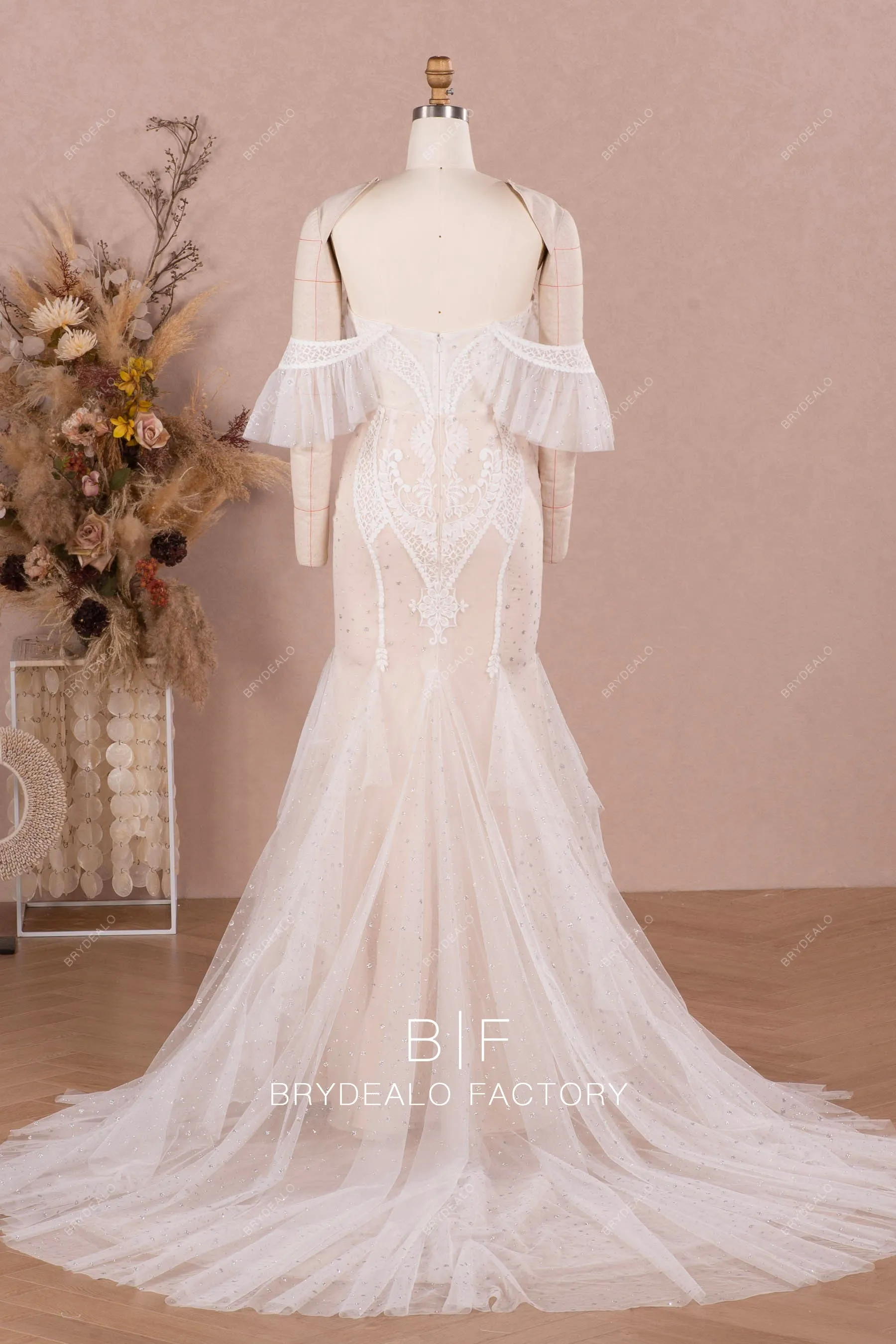Designer Ruffled Off Shoulder Lace Mermaid Nude Destination Wedding Dress