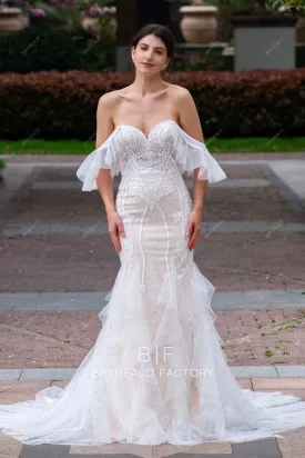 Designer Ruffled Off Shoulder Lace Mermaid Nude Destination Wedding Dress