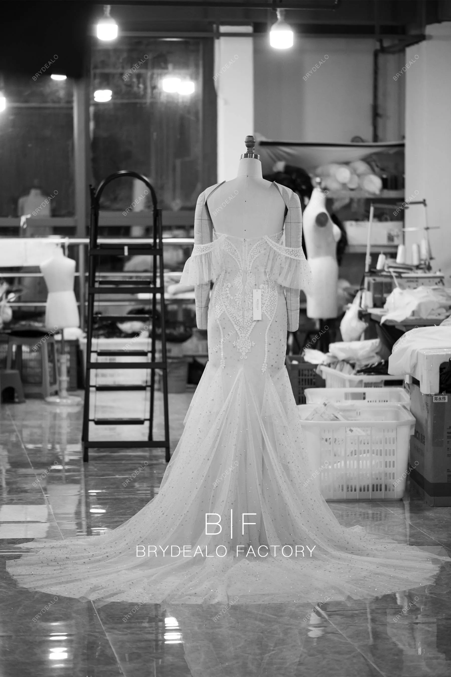 Designer Ruffled Off Shoulder Lace Mermaid Nude Destination Wedding Dress