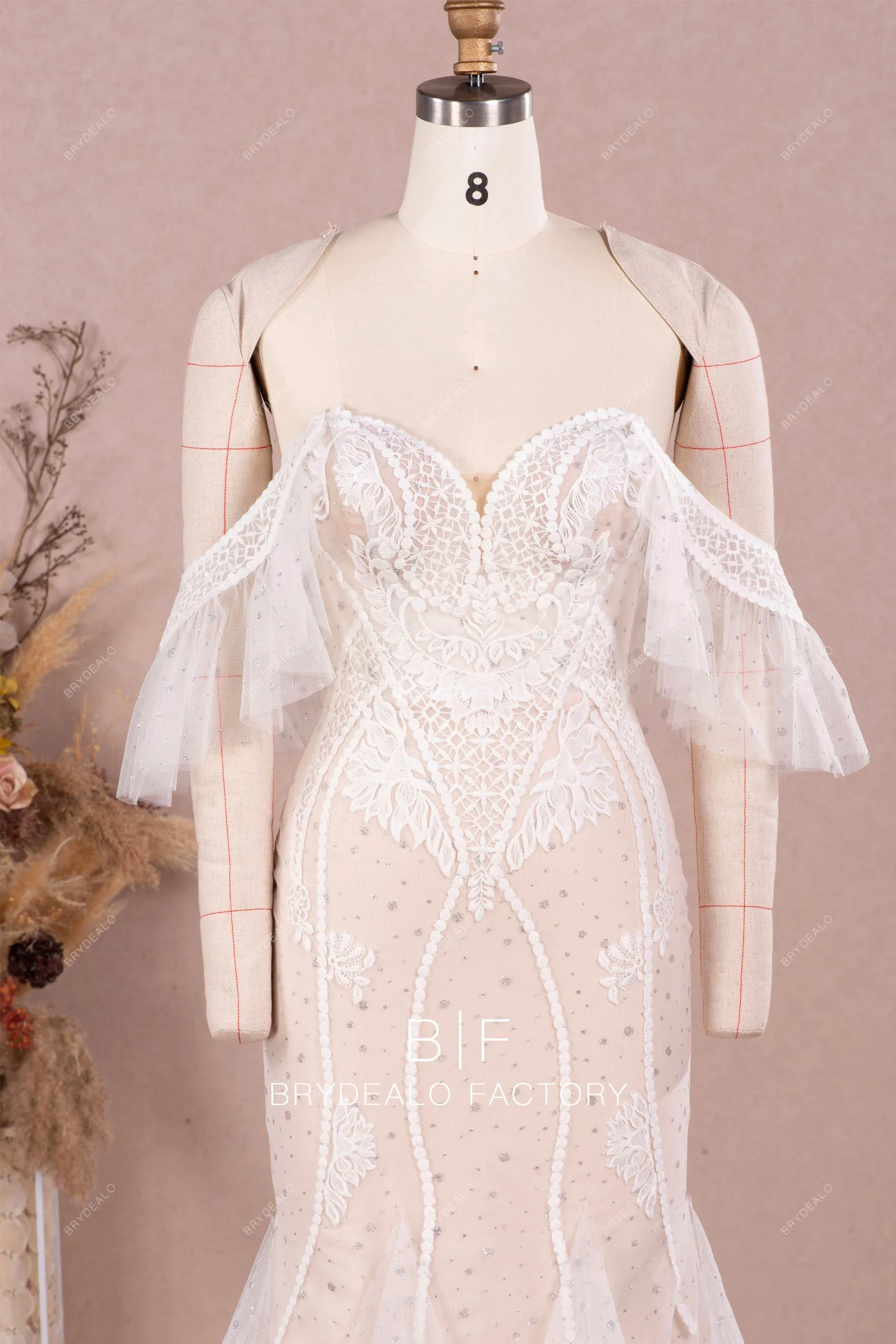 Designer Ruffled Off Shoulder Lace Mermaid Nude Destination Wedding Dress
