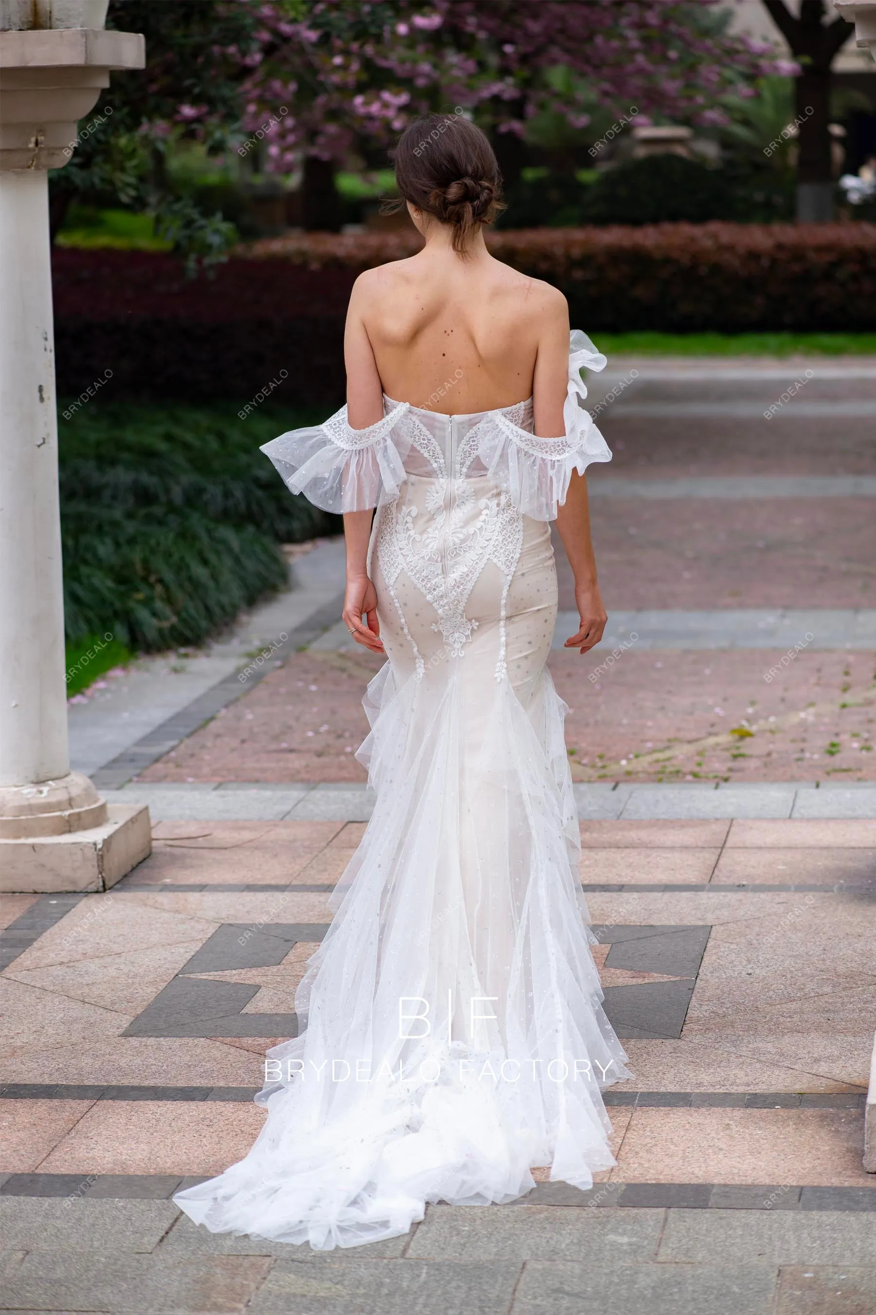 Designer Ruffled Off Shoulder Lace Mermaid Nude Destination Wedding Dress