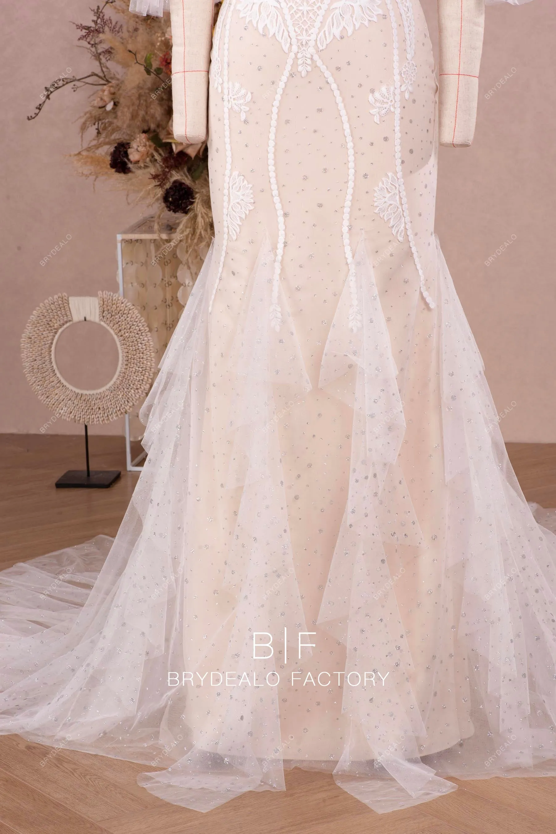 Designer Ruffled Off Shoulder Lace Mermaid Nude Destination Wedding Dress