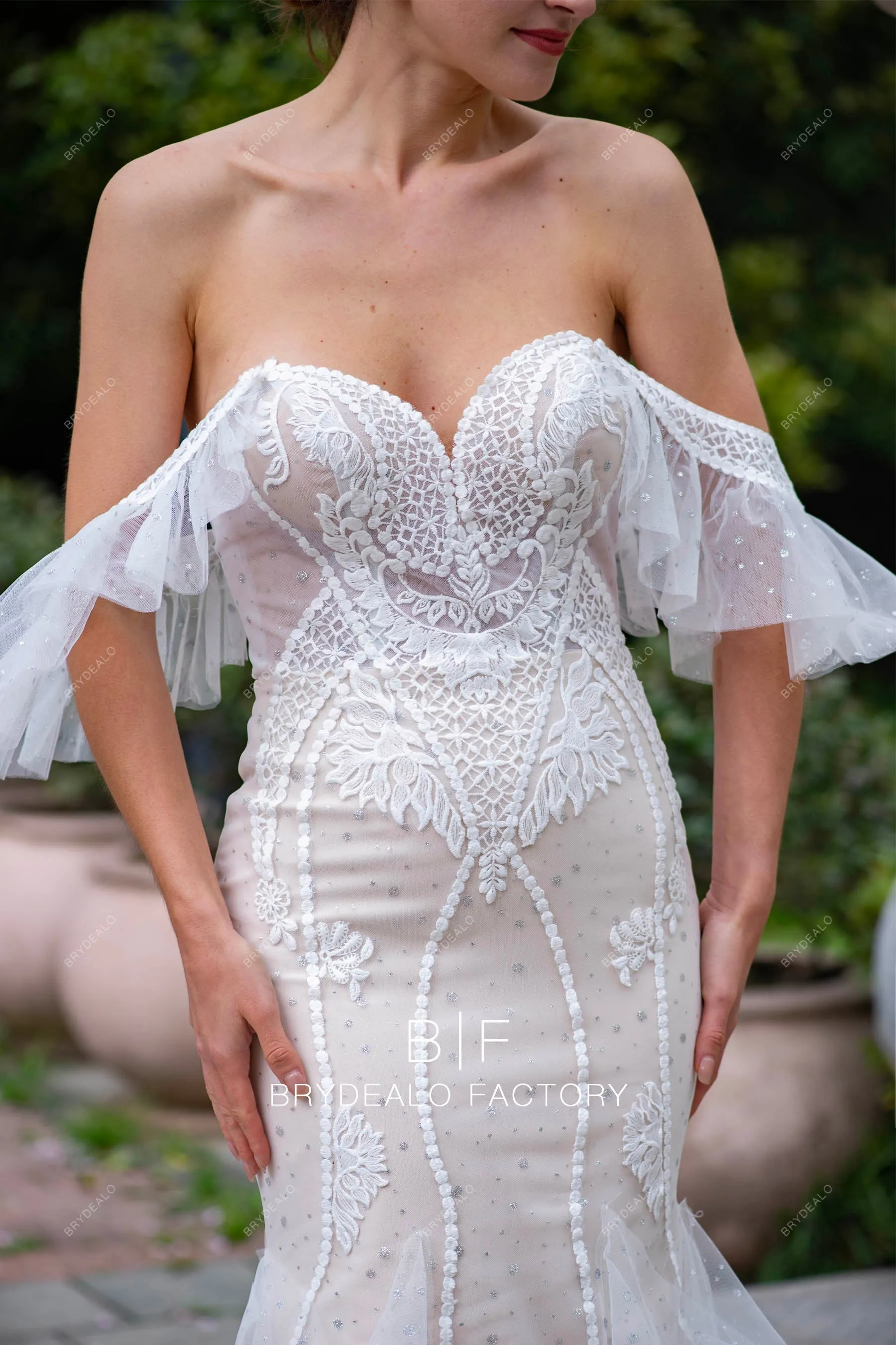 Designer Ruffled Off Shoulder Lace Mermaid Nude Destination Wedding Dress