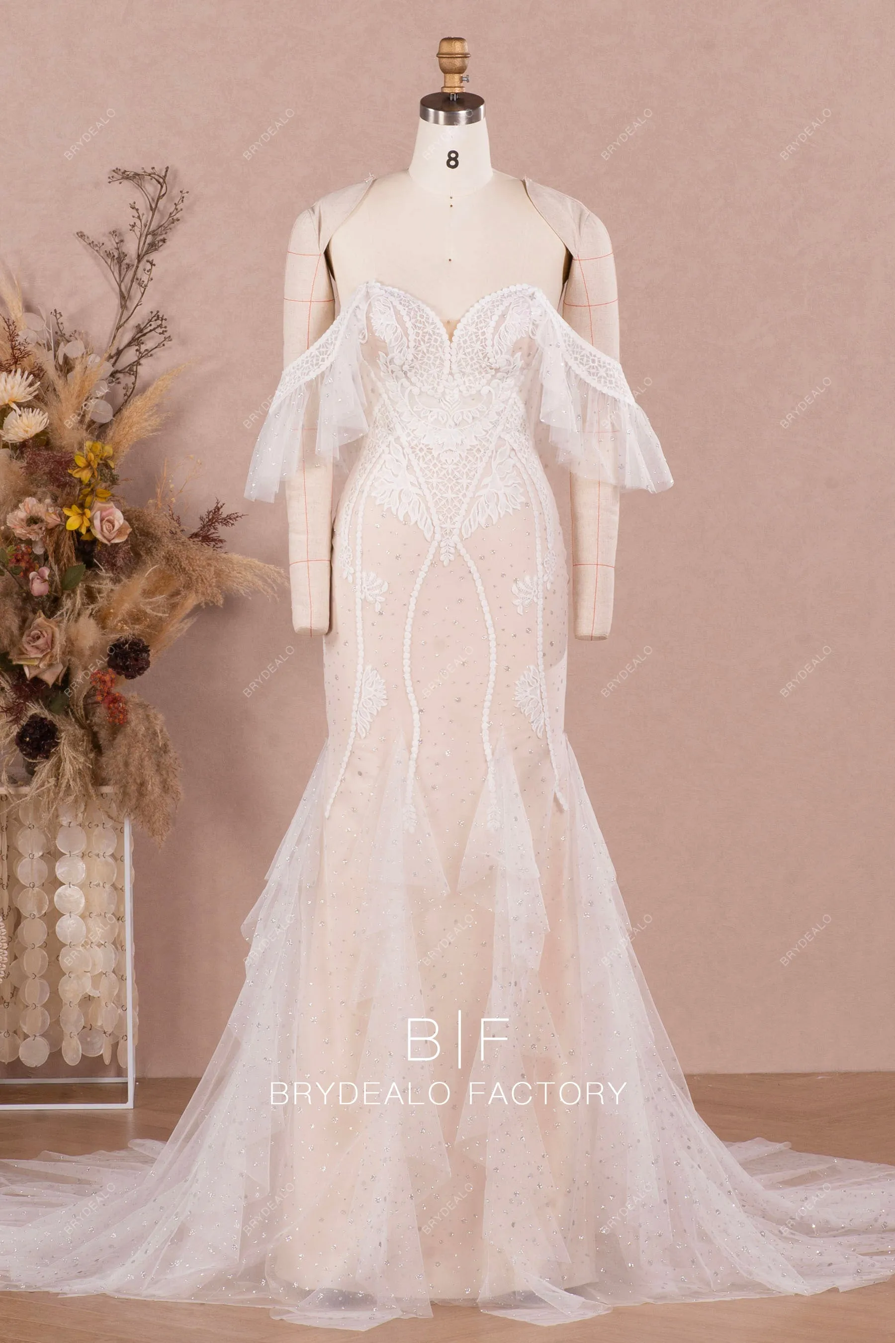 Designer Ruffled Off Shoulder Lace Mermaid Nude Destination Wedding Dress