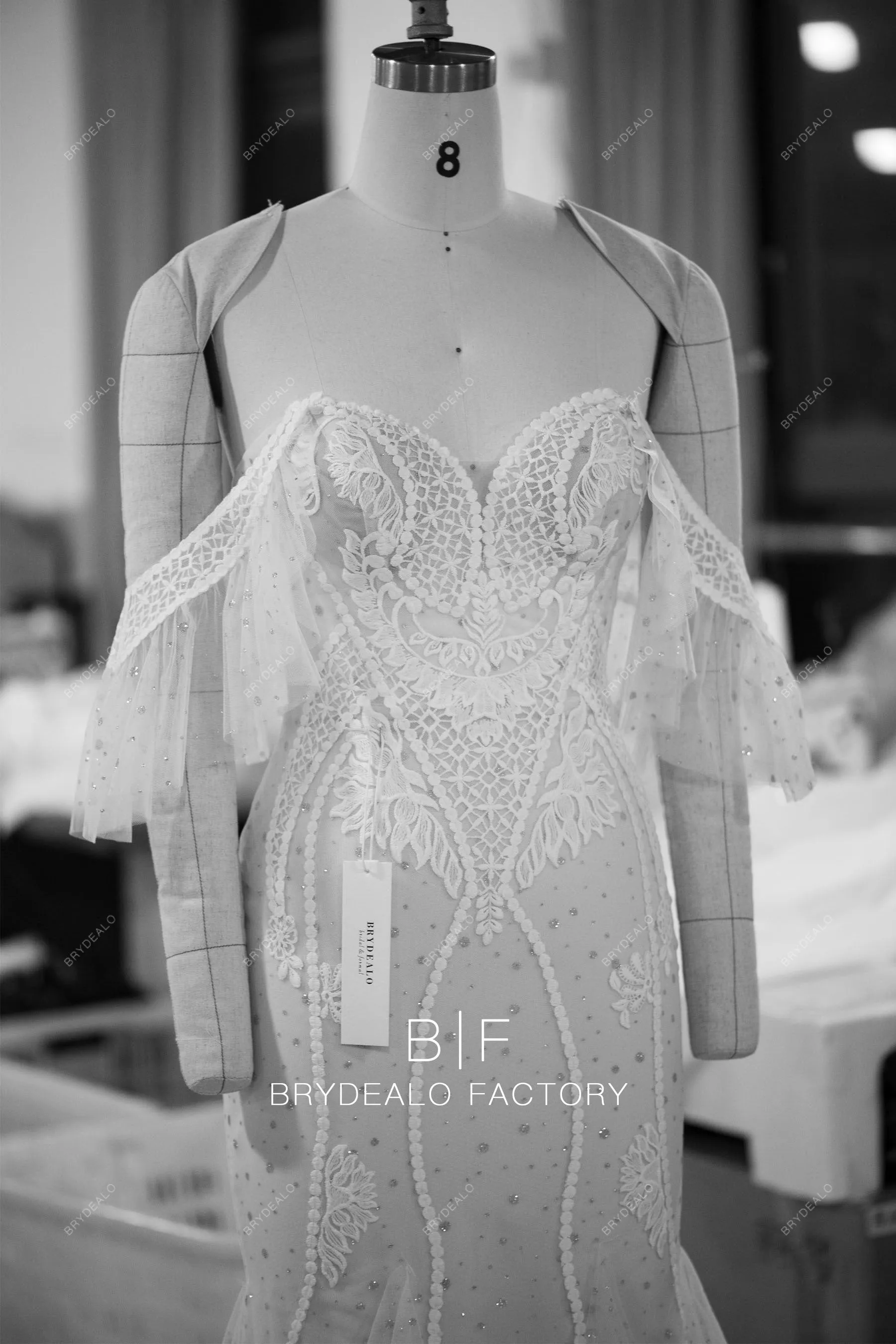 Designer Ruffled Off Shoulder Lace Mermaid Nude Destination Wedding Dress