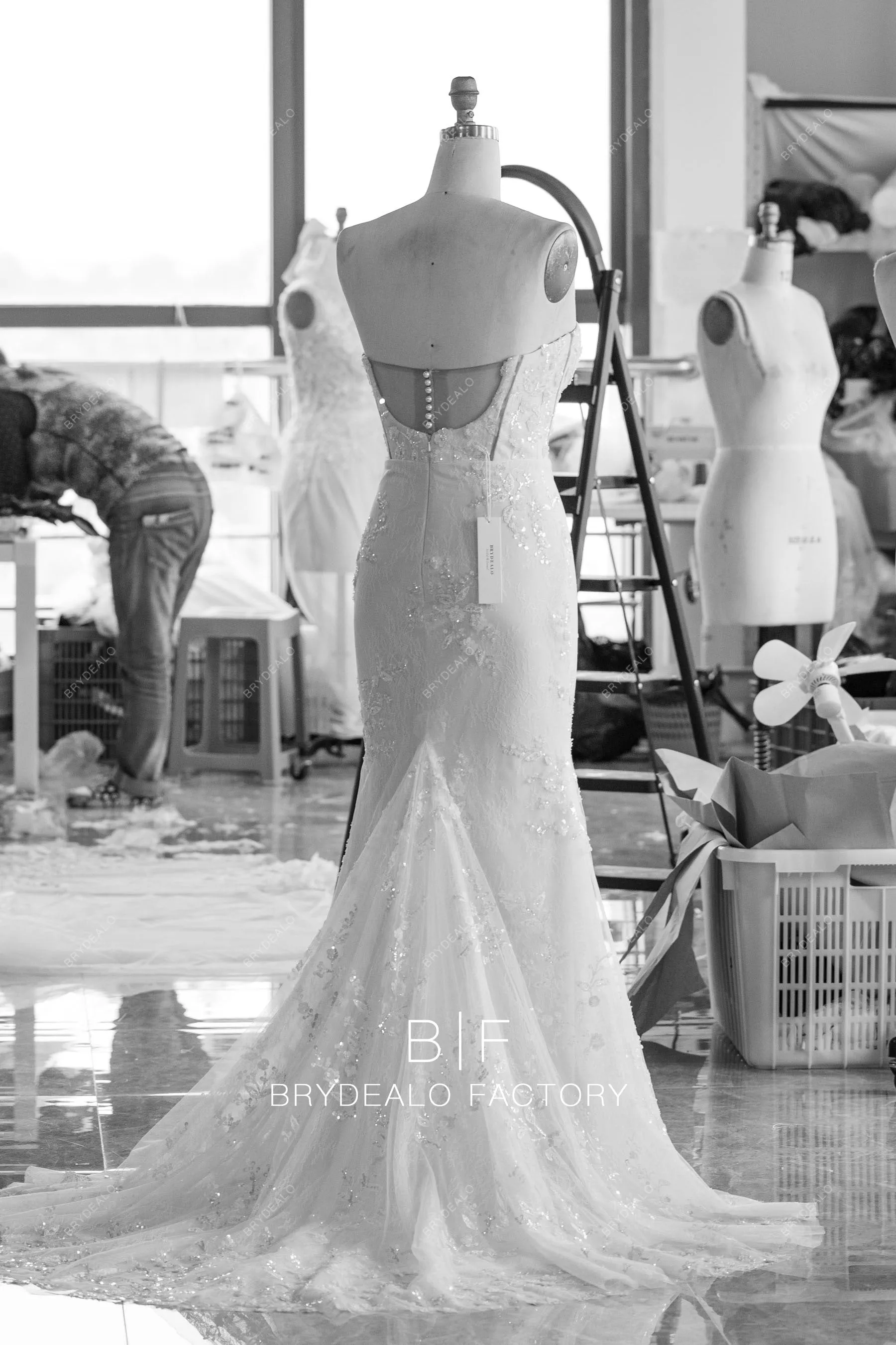 Designer Sequined Lace Strapless Champagne Mermaid Wedding Dress