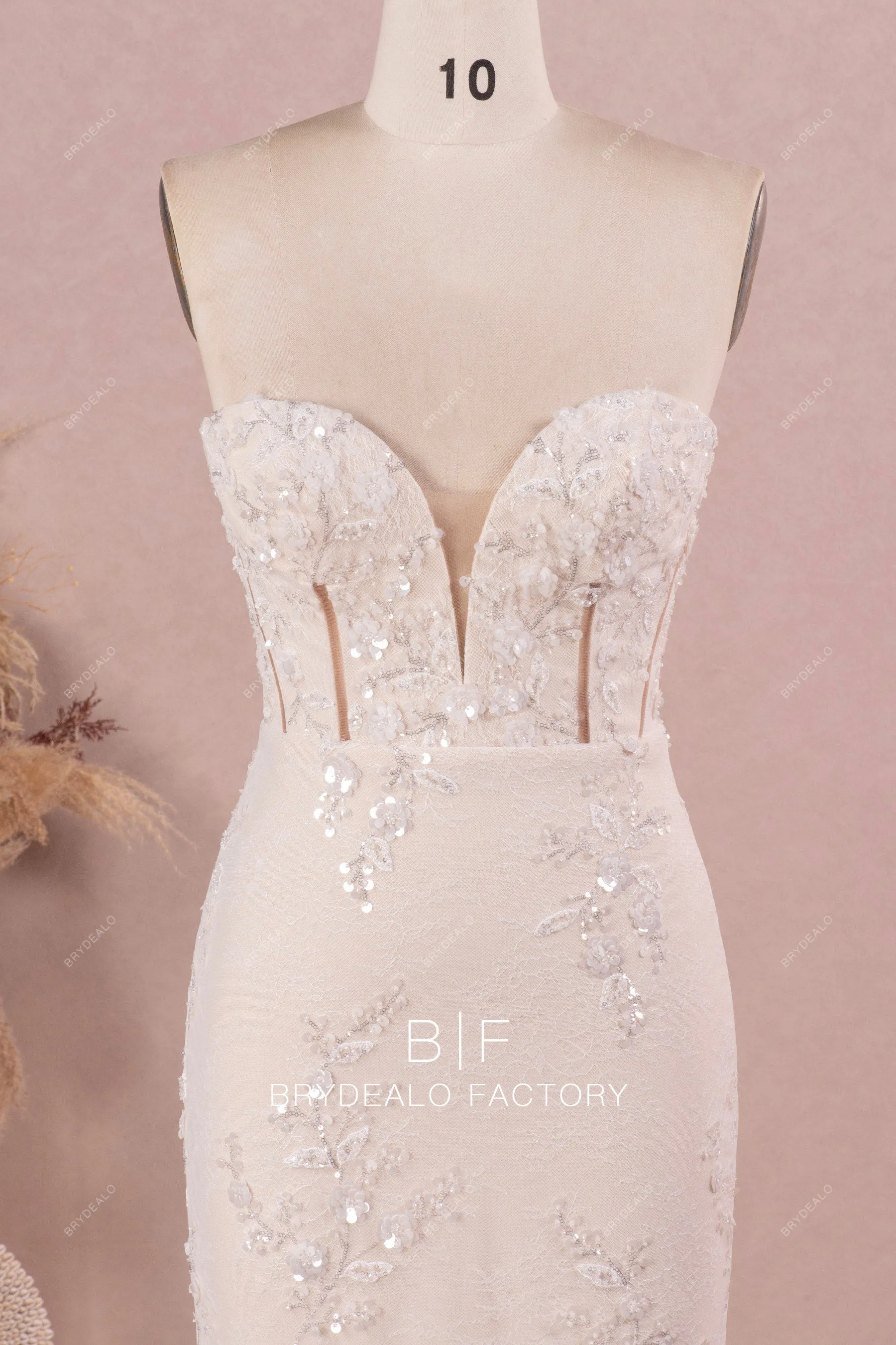 Designer Sequined Lace Strapless Champagne Mermaid Wedding Dress