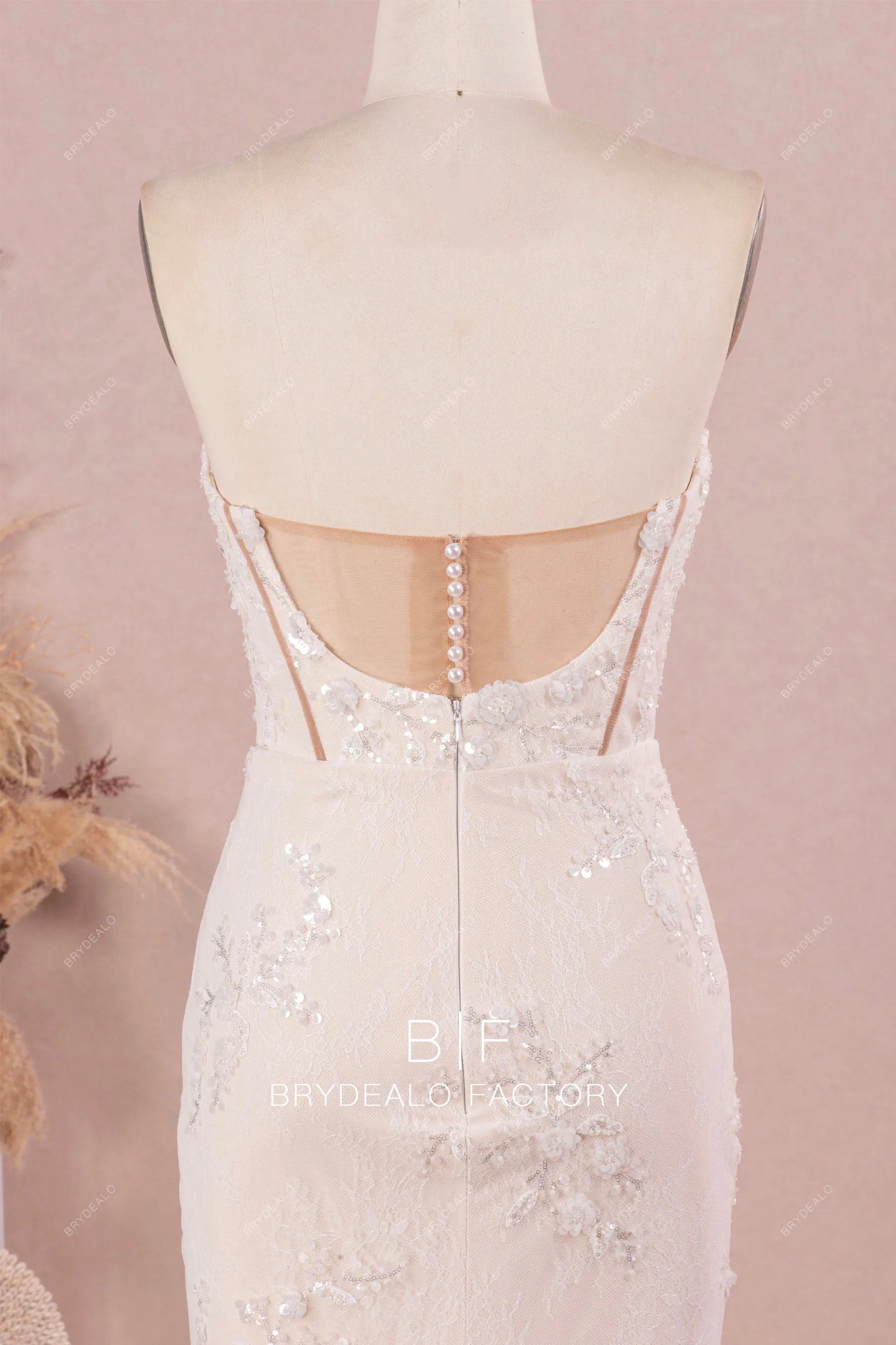 Designer Sequined Lace Strapless Champagne Mermaid Wedding Dress