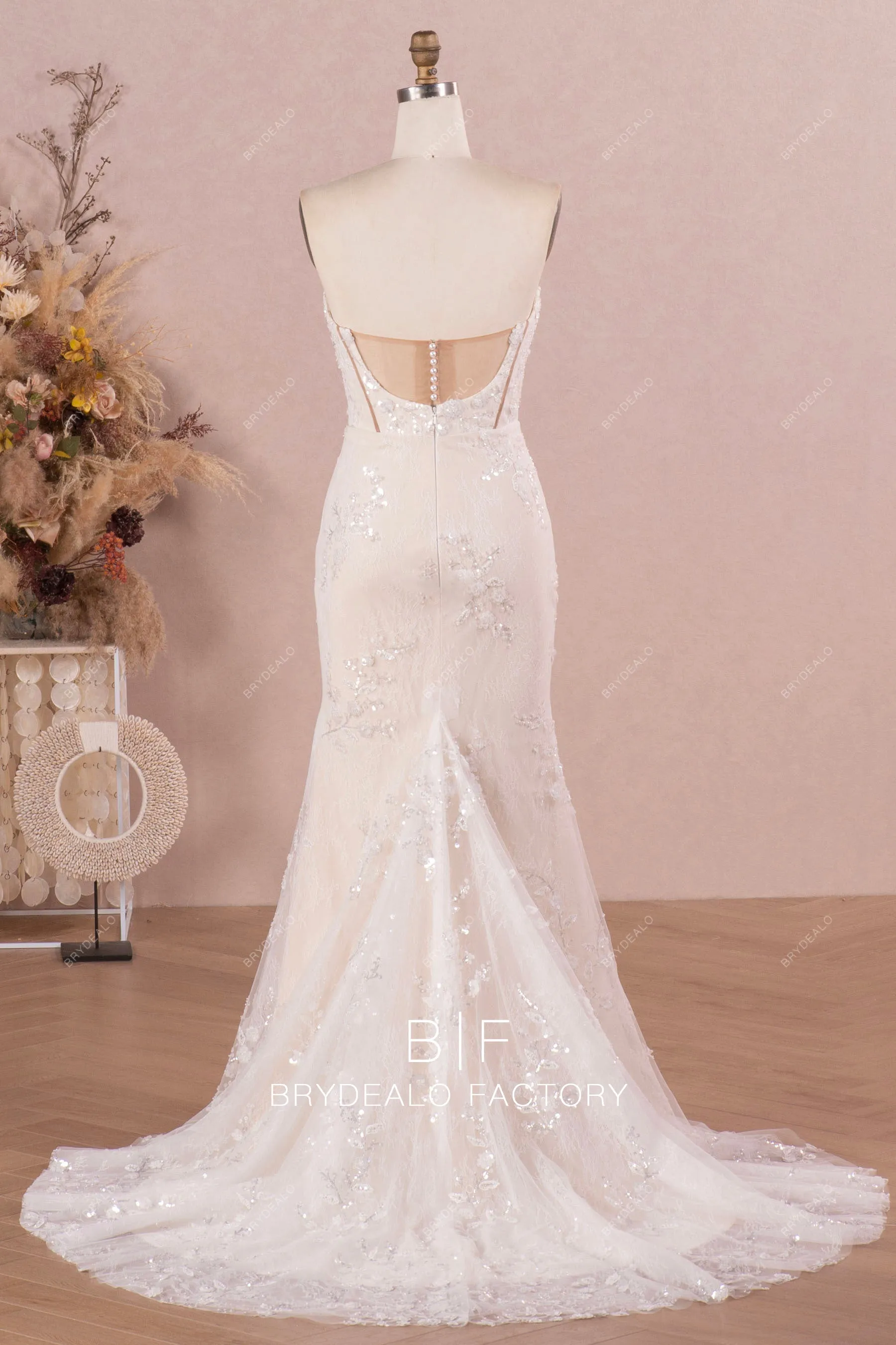 Designer Sequined Lace Strapless Champagne Mermaid Wedding Dress